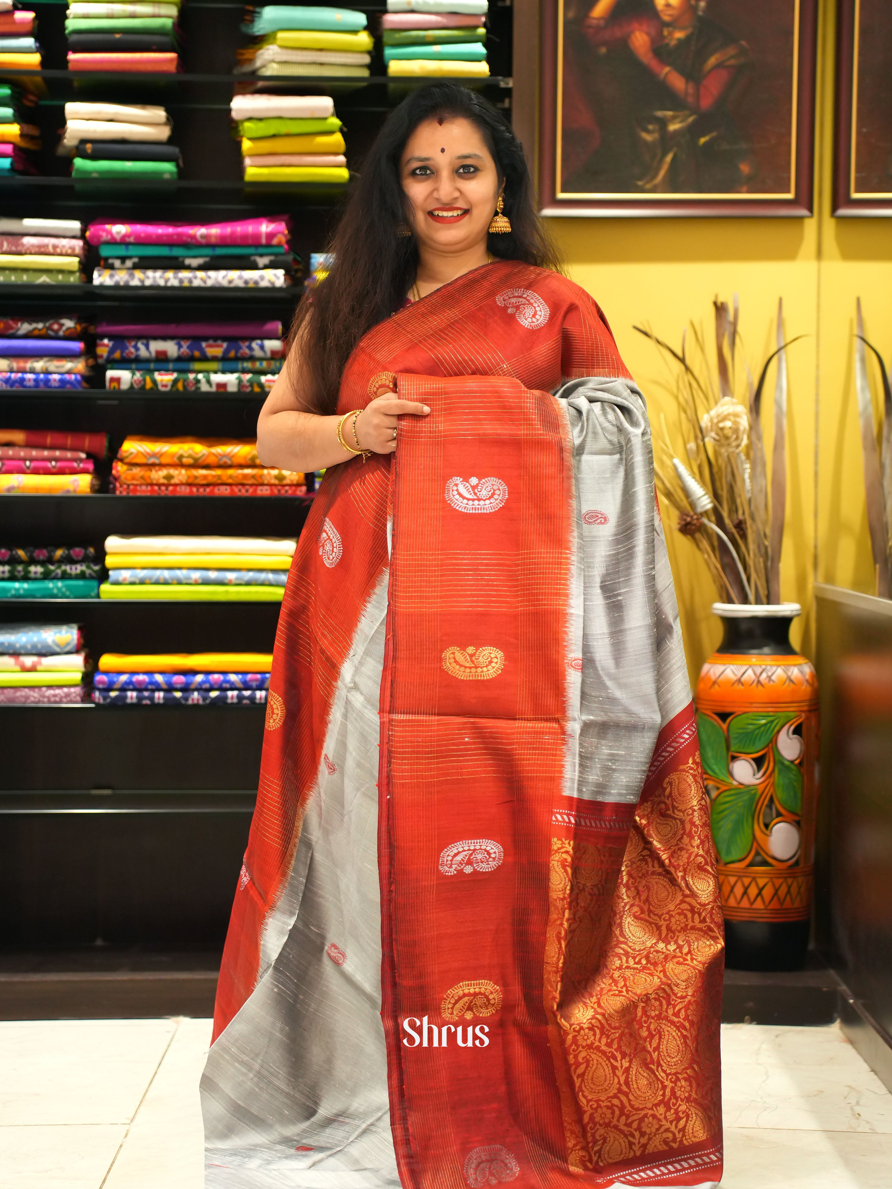 Grey & Red - Raw silk saree