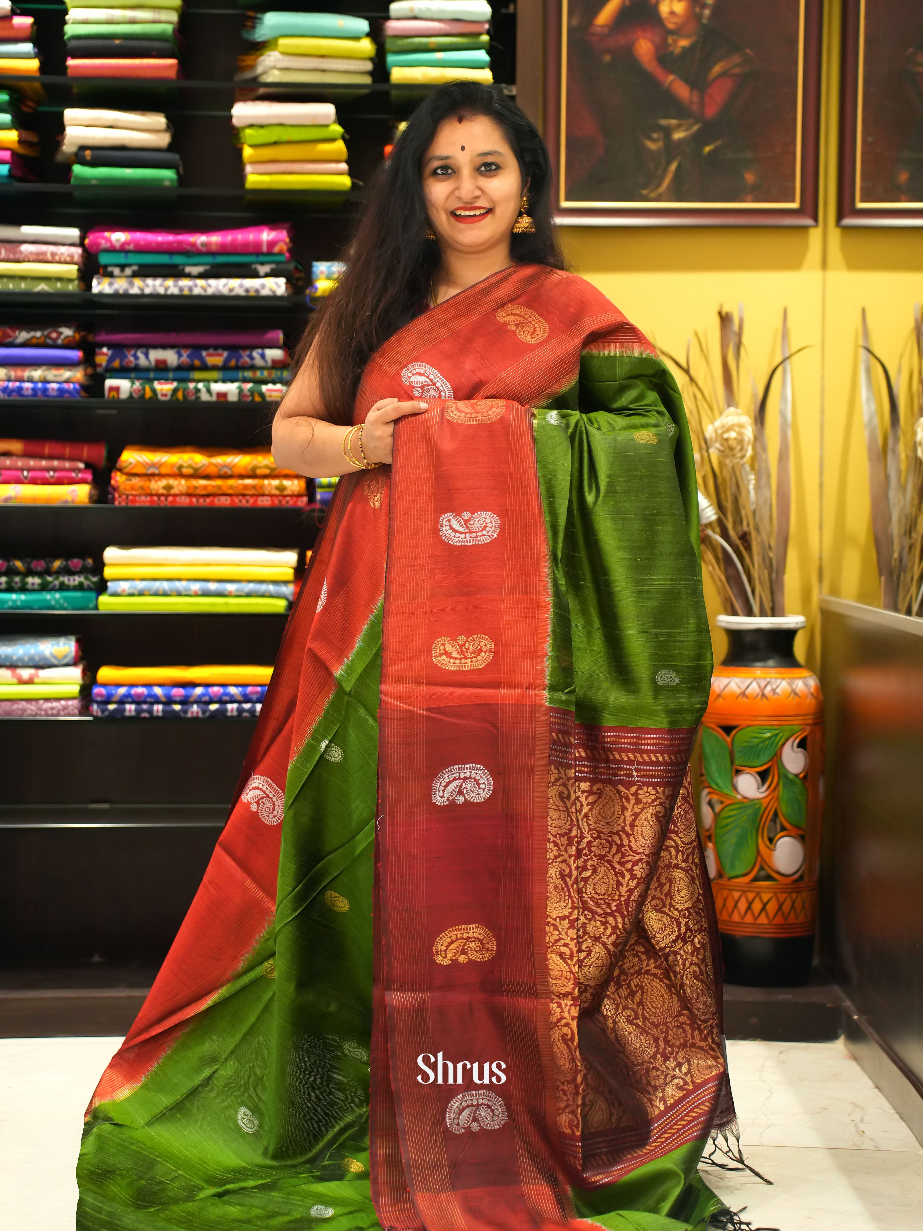 Green & Red - Raw silk saree