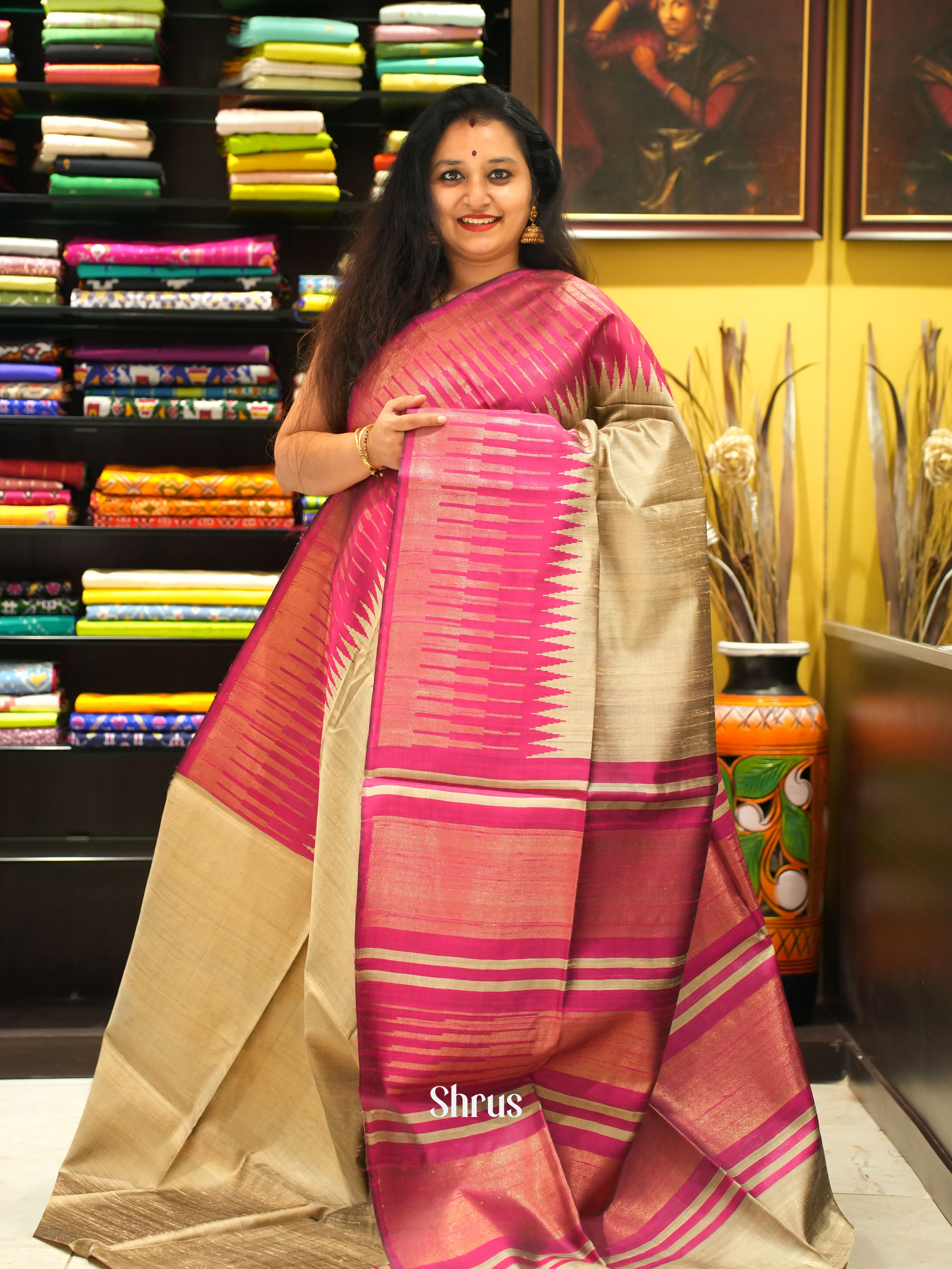 Beige & Pink - Raw silk saree