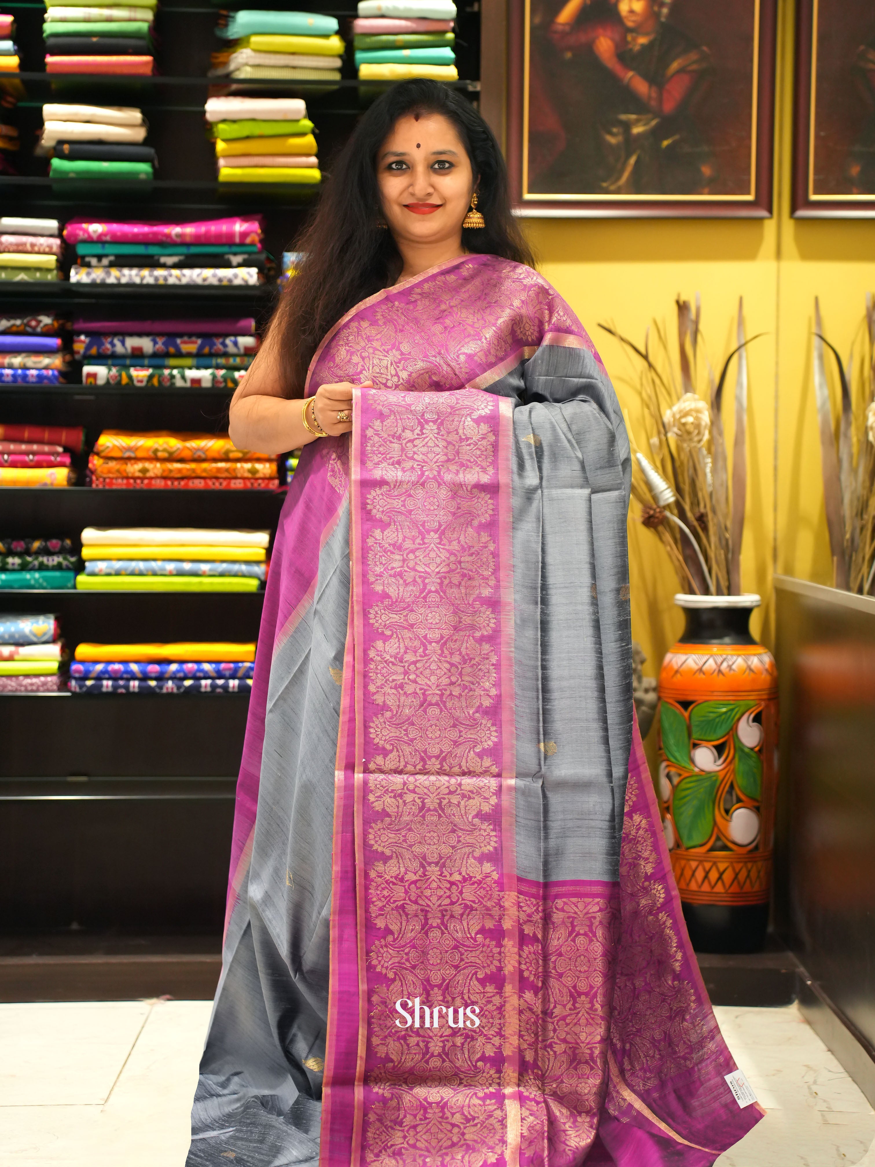 Grey & Pink - Raw silk saree