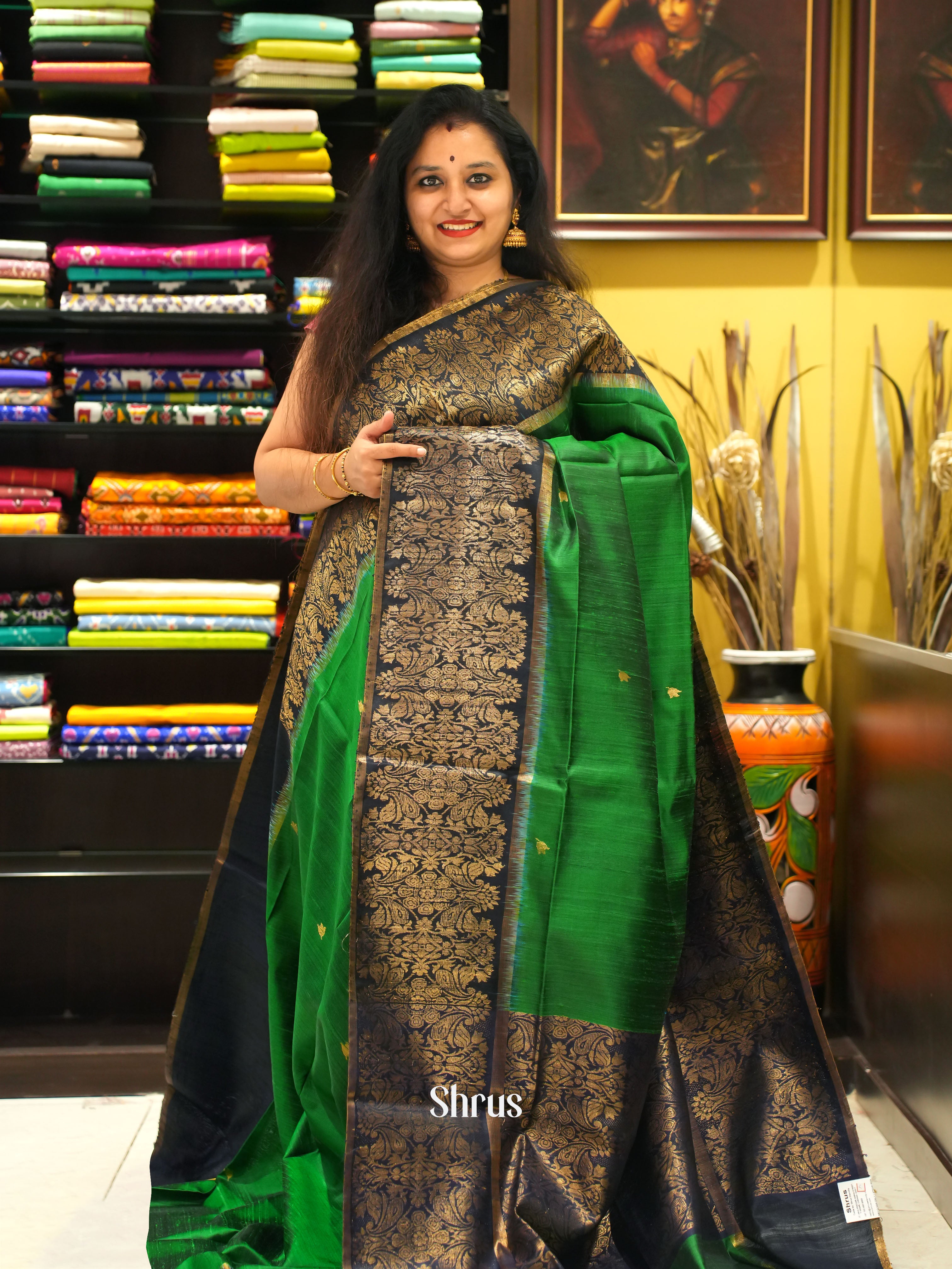 Green & Black - Raw silk saree