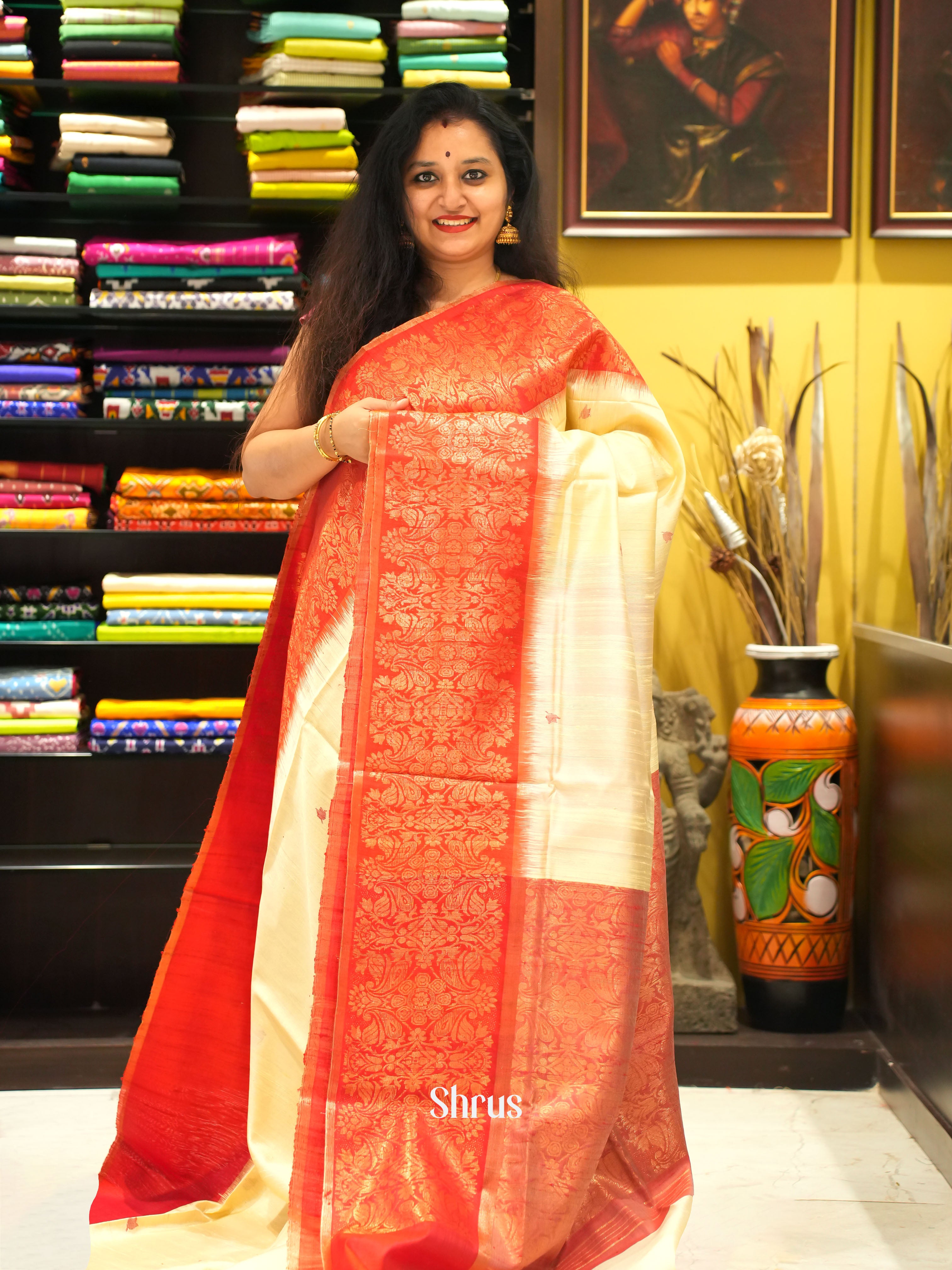 Cream & Red - Raw silk saree