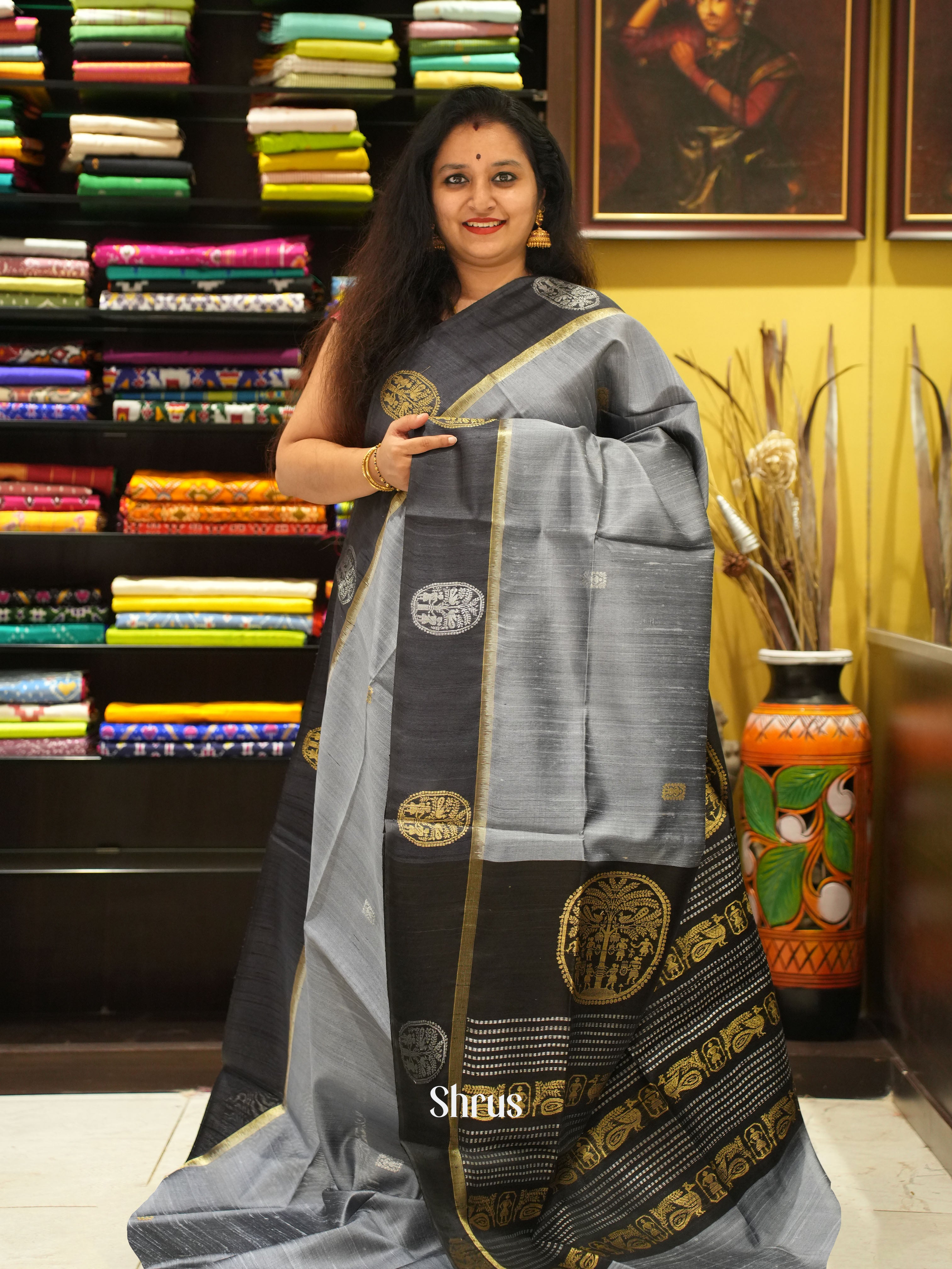 Grey & Black- Raw silk saree