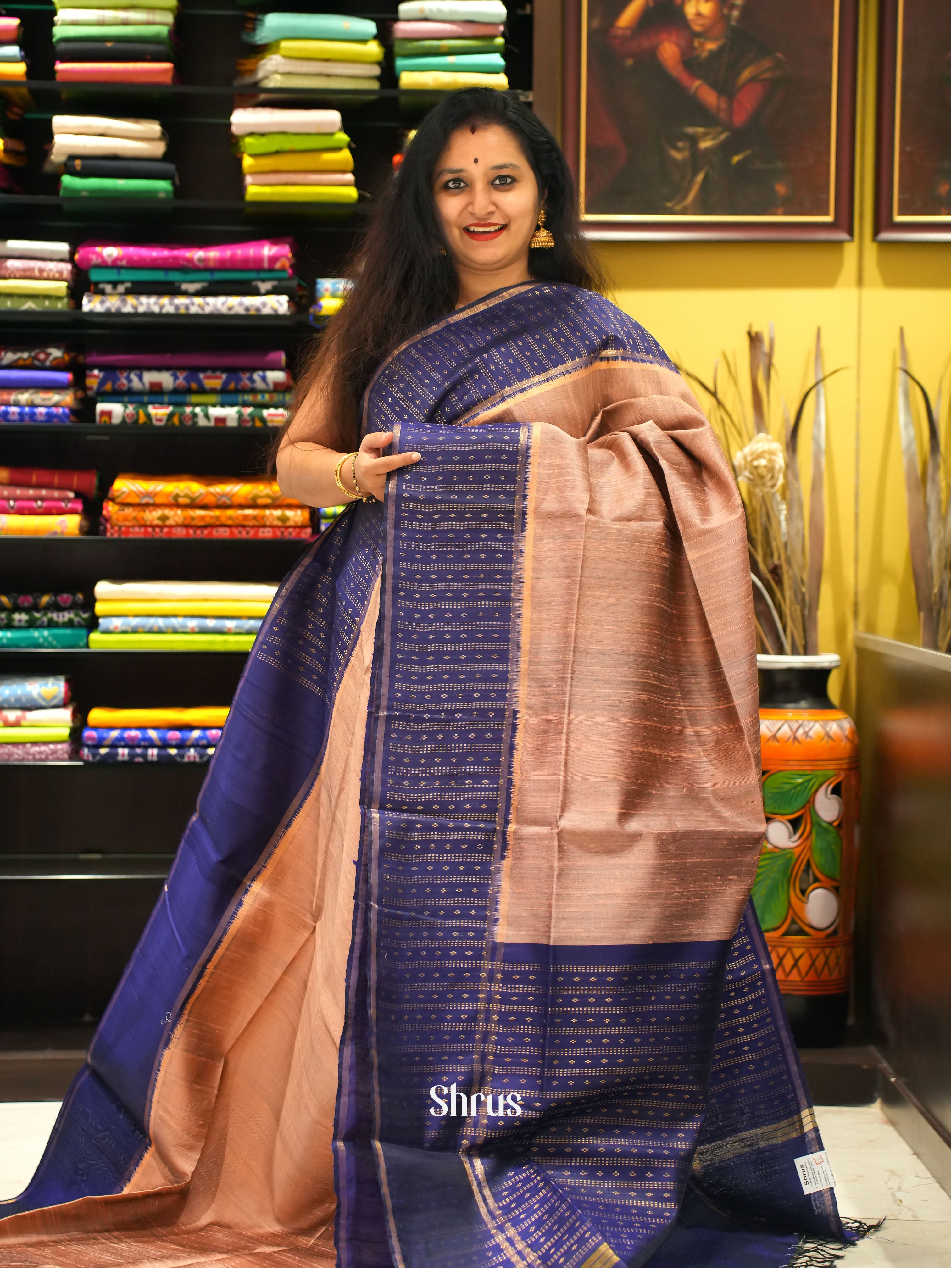 Brown & Blue - Raw silk saree