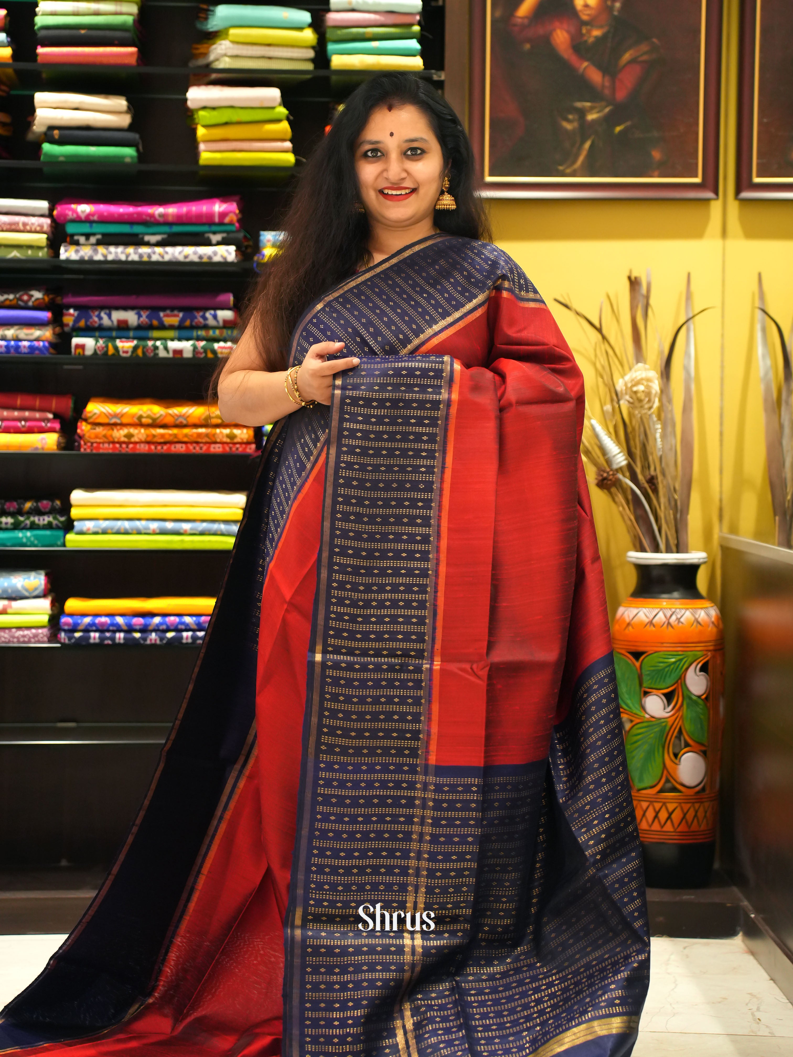 Red & Blue - Raw silk saree