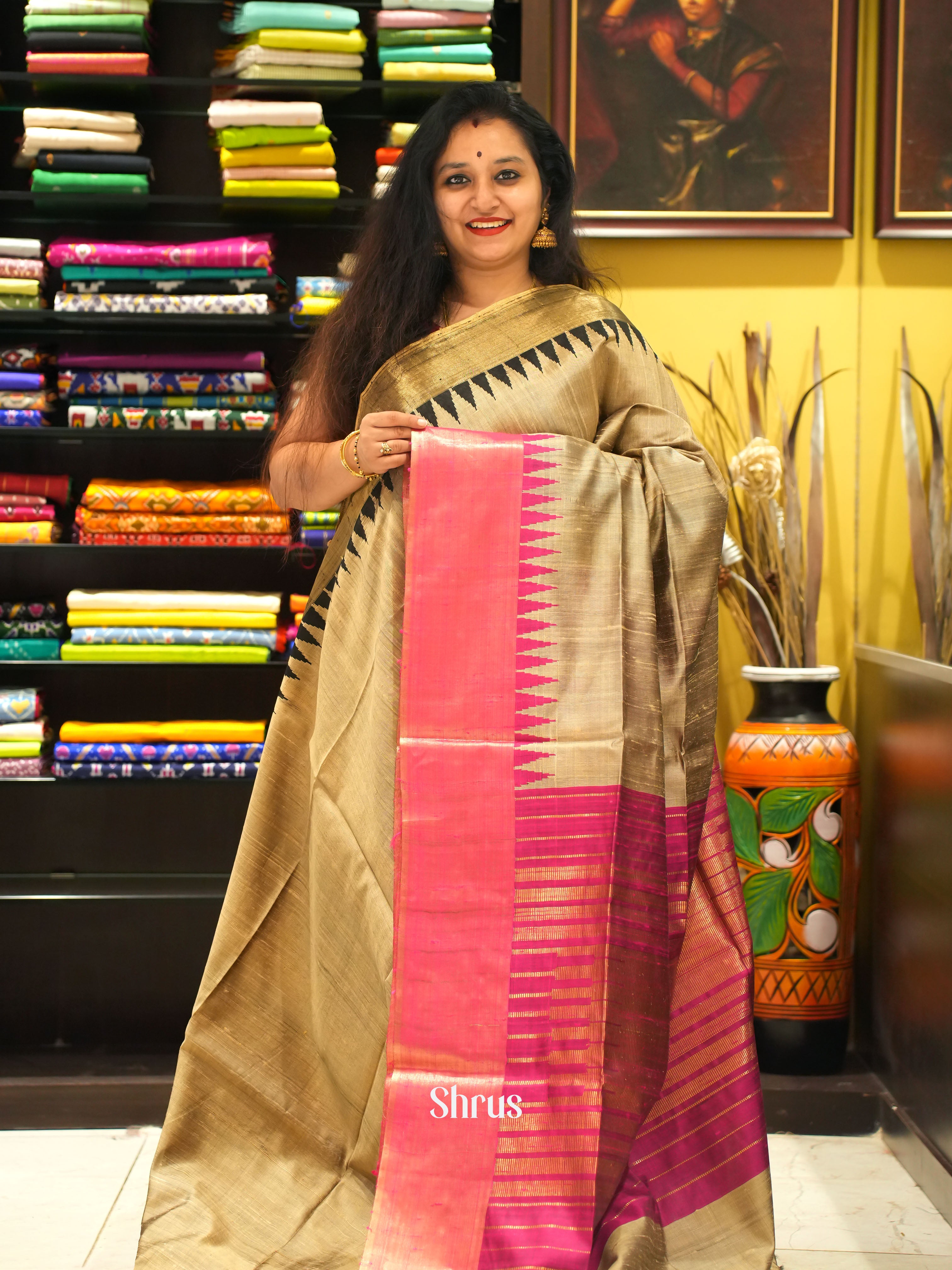 Beige & Pink - Raw silk saree