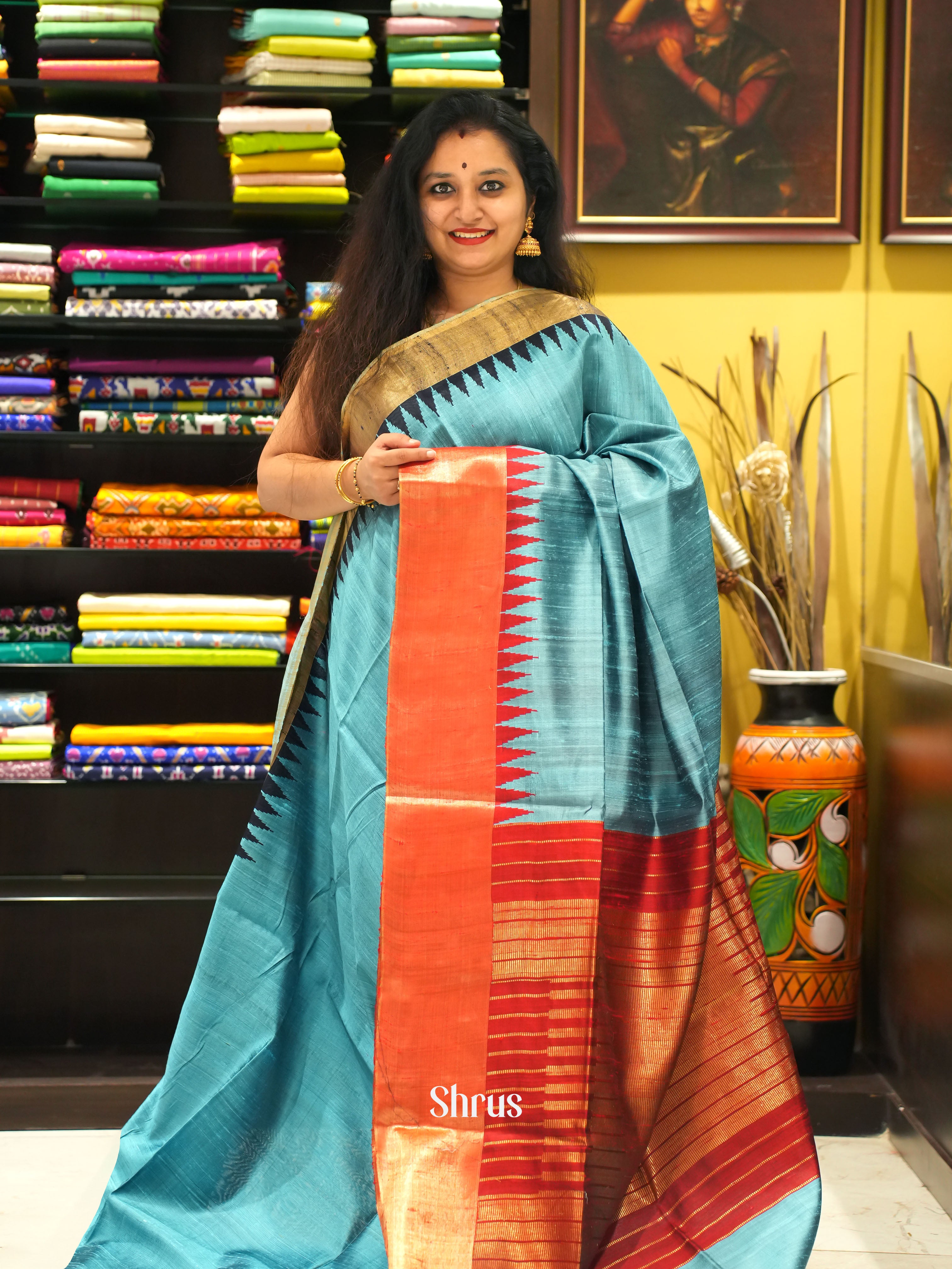 Blue & Red - Raw silk saree