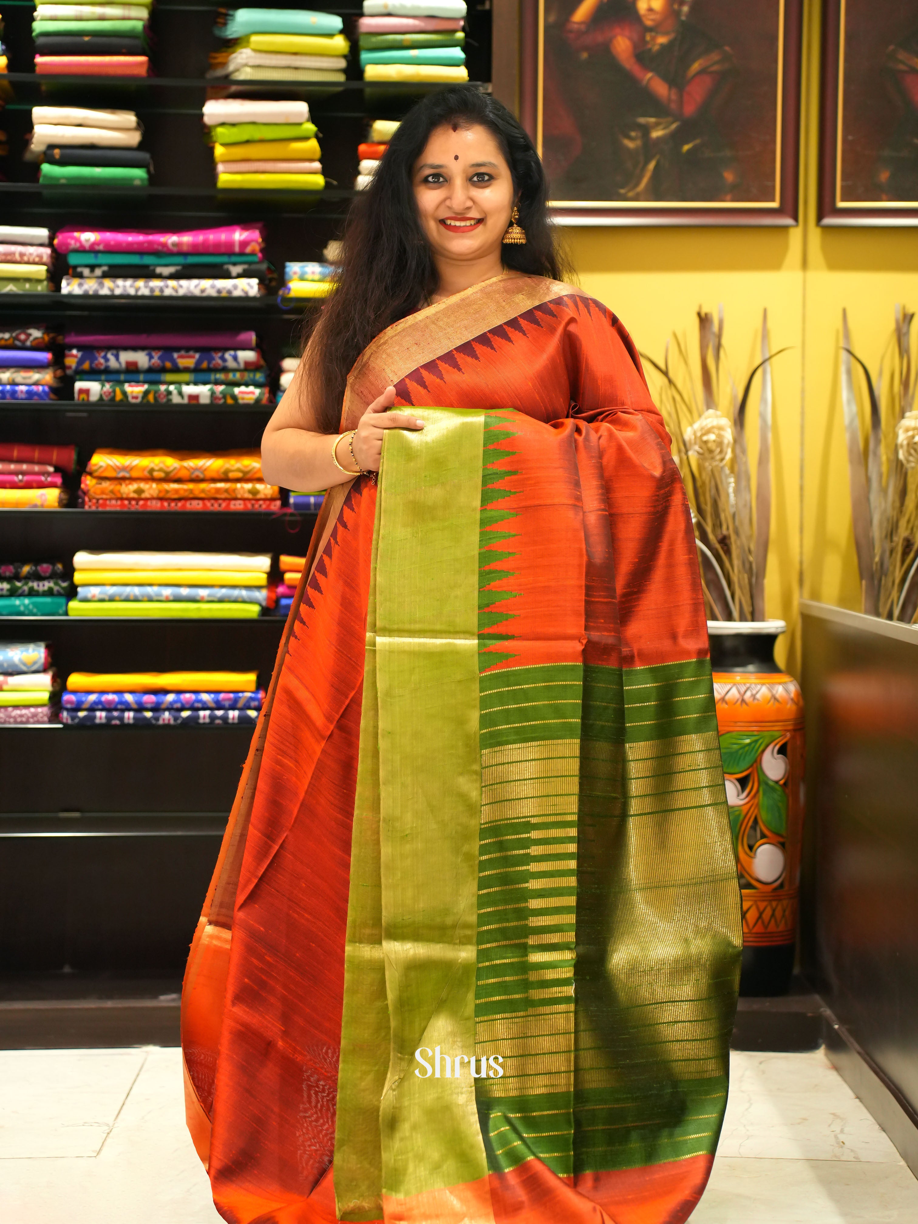 Red & Green - Raw silk saree - Shop on ShrusEternity.com
