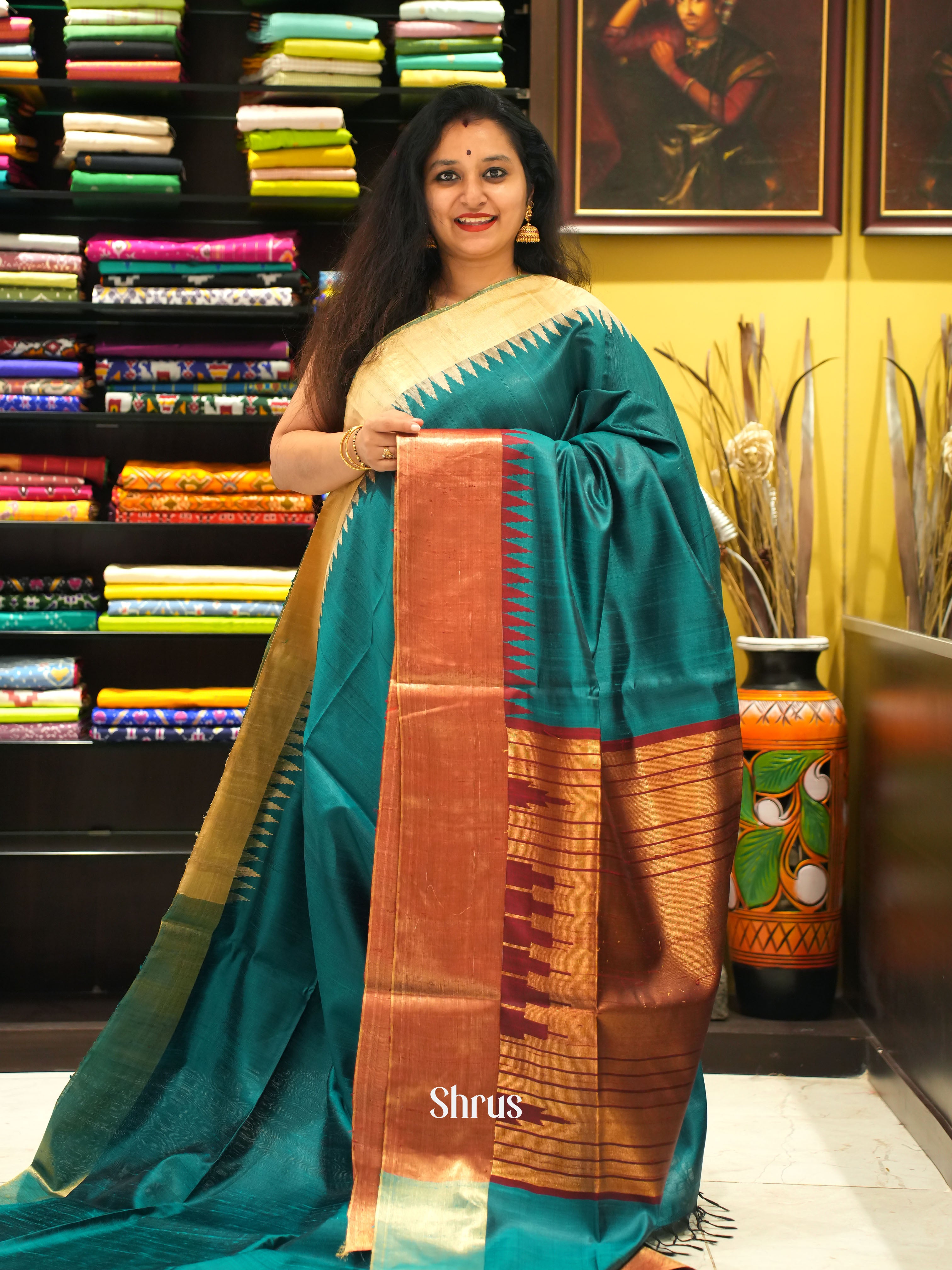 Teal & Maroon - Raw silk saree