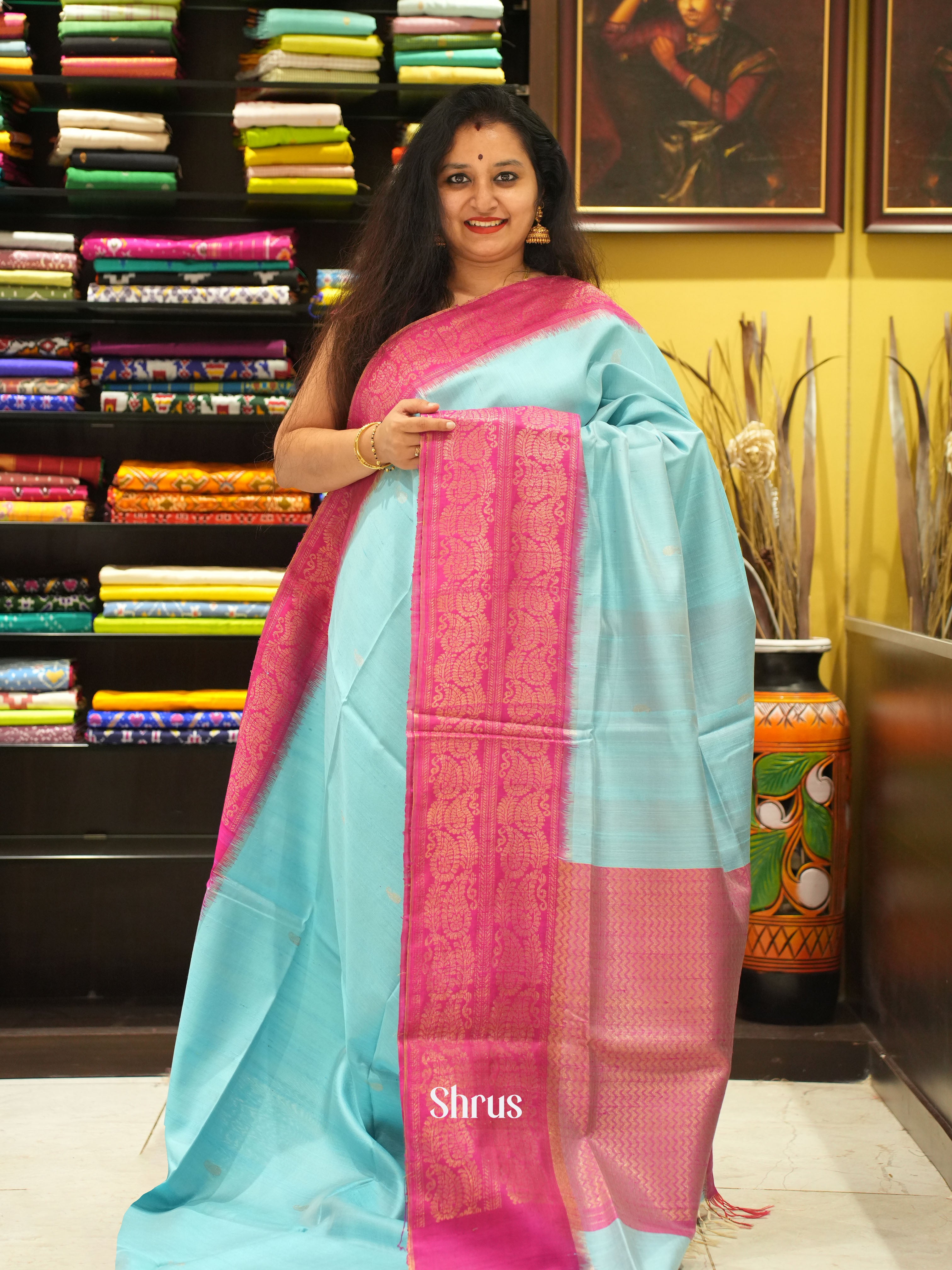 Blue & Pink - Raw Silk Saree