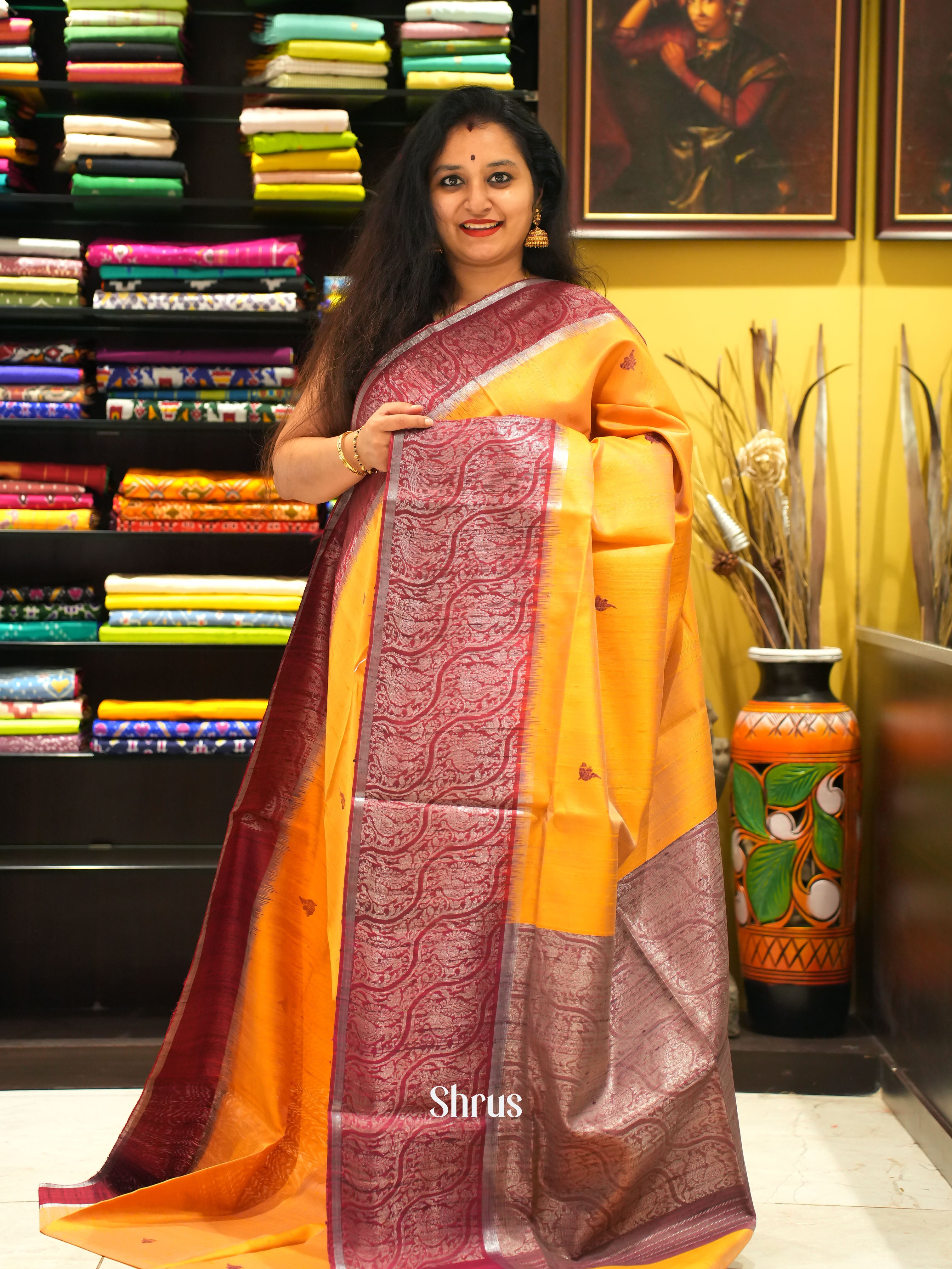 Musatrd & Maroon - Raw Silk Saree