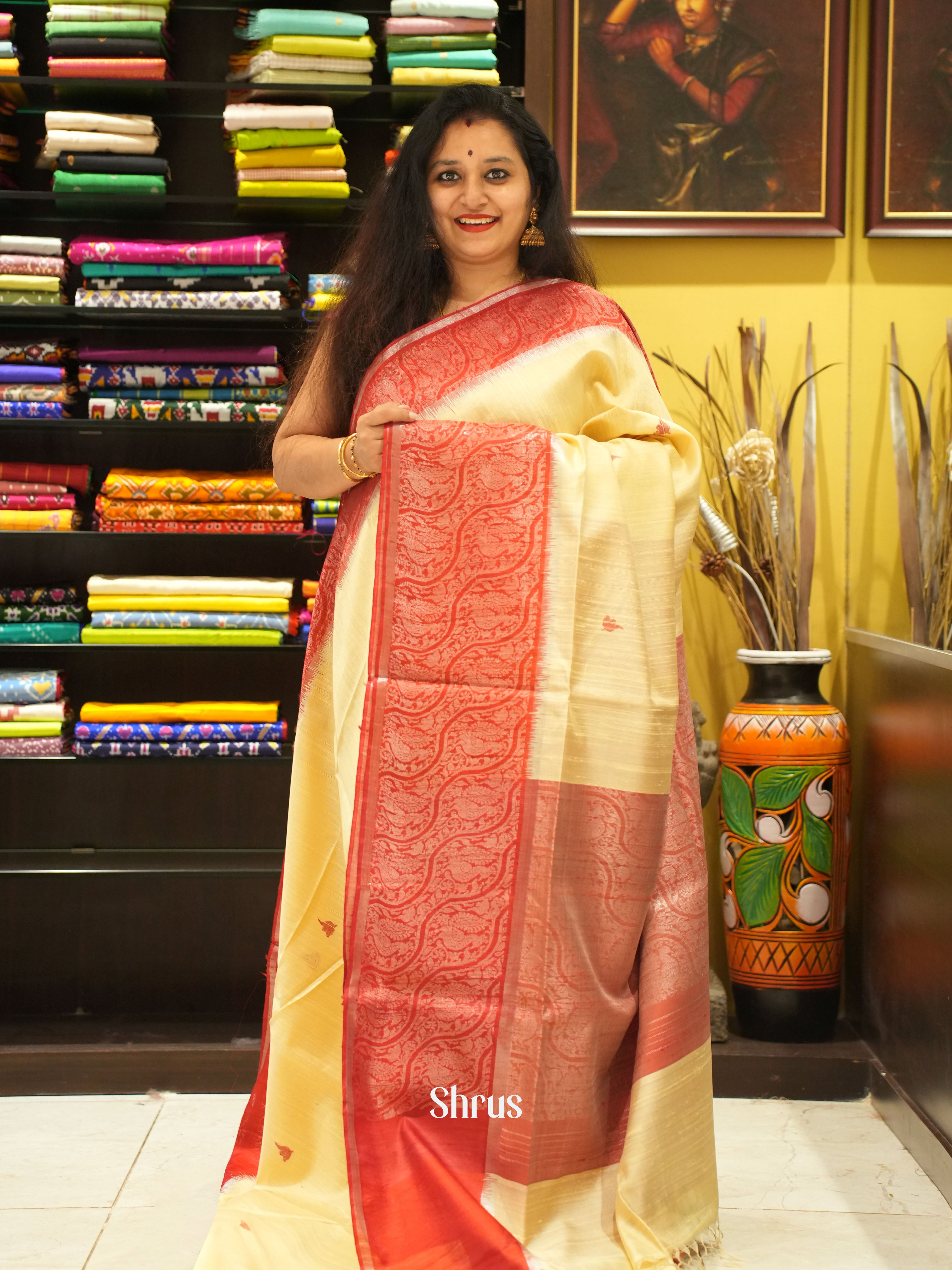 Cream & Red - Raw Silk Saree