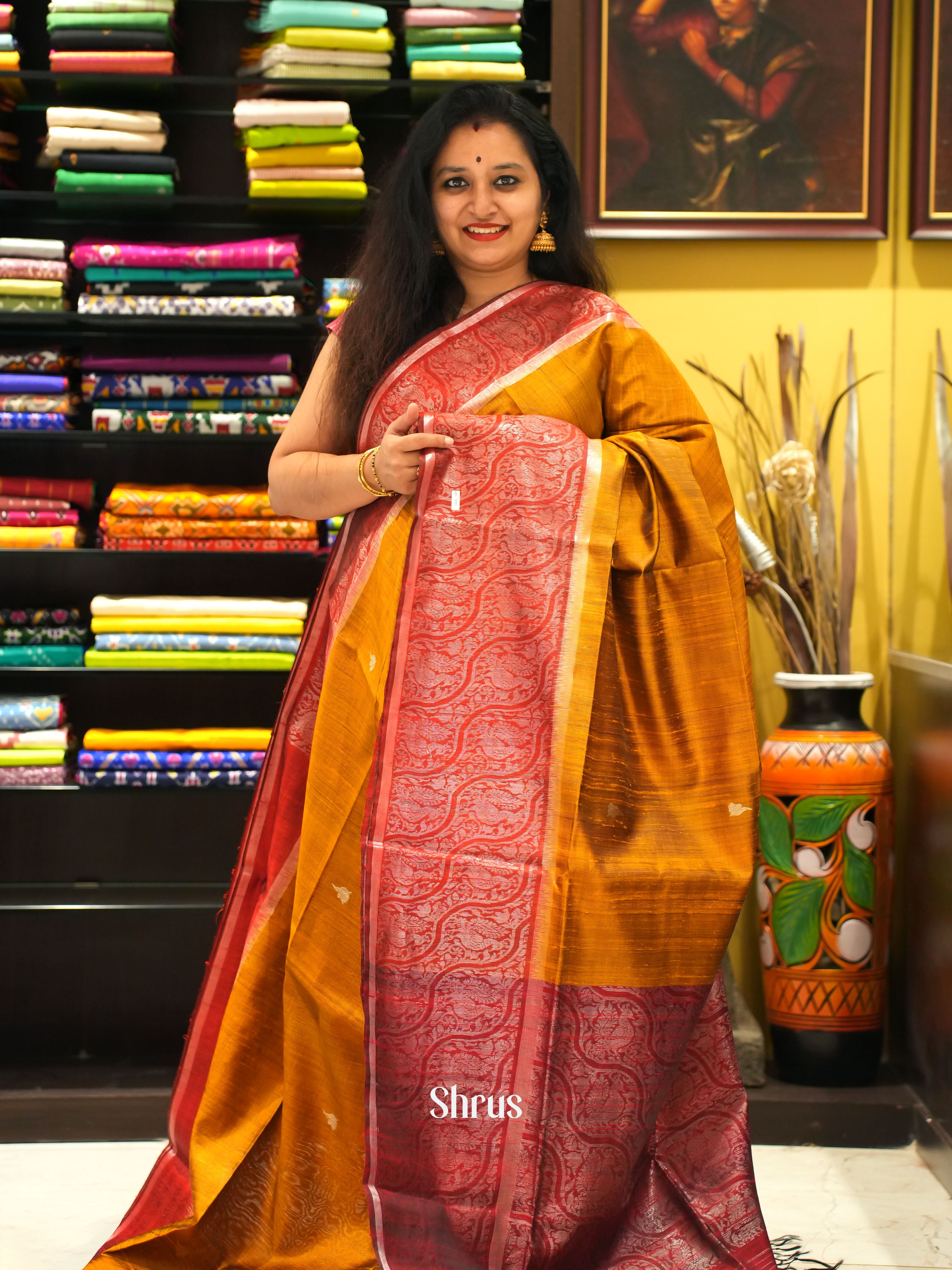 Mustard & Red - Raw Silk Saree