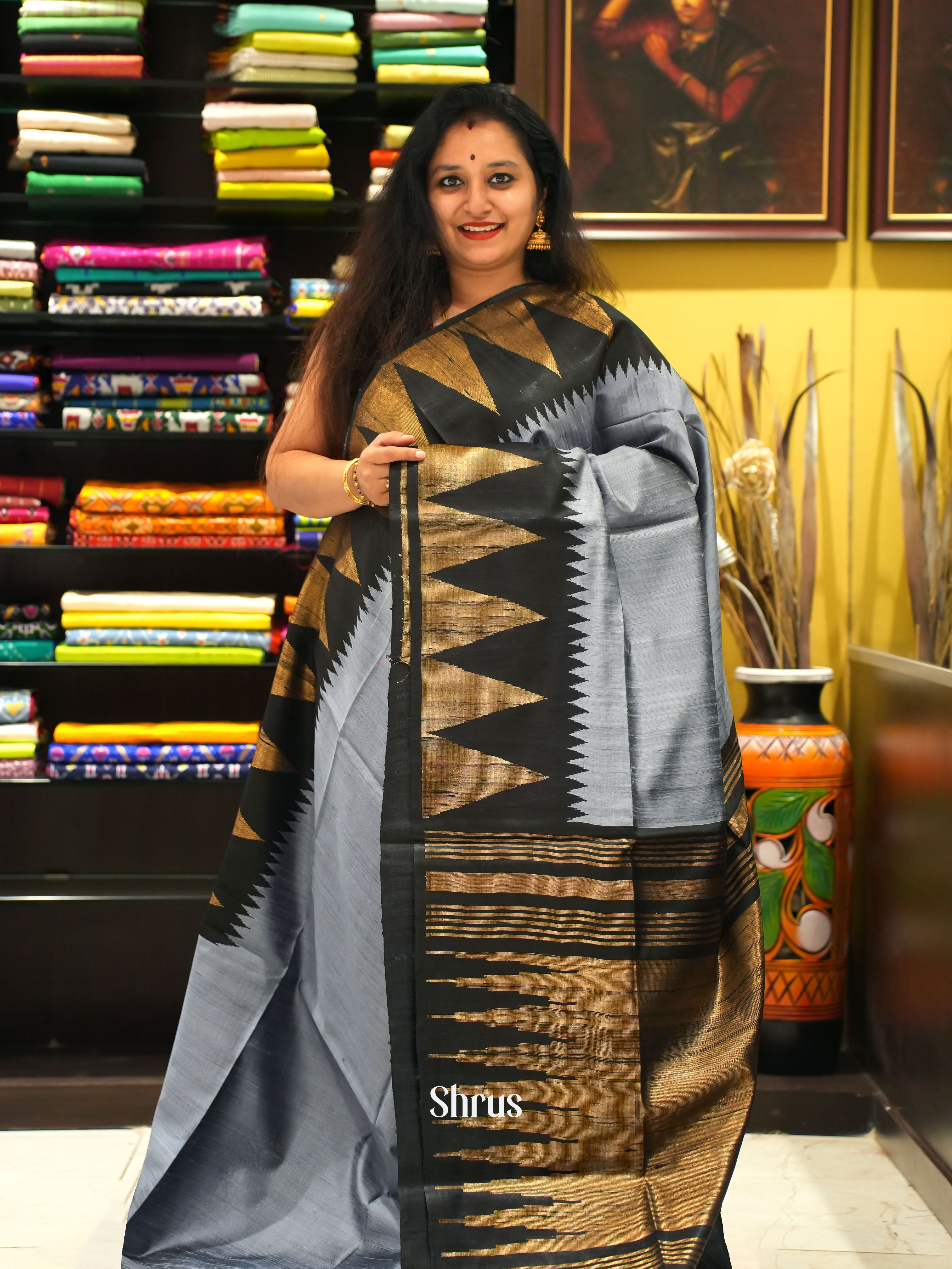 Grey & Black - Raw Silk Saree