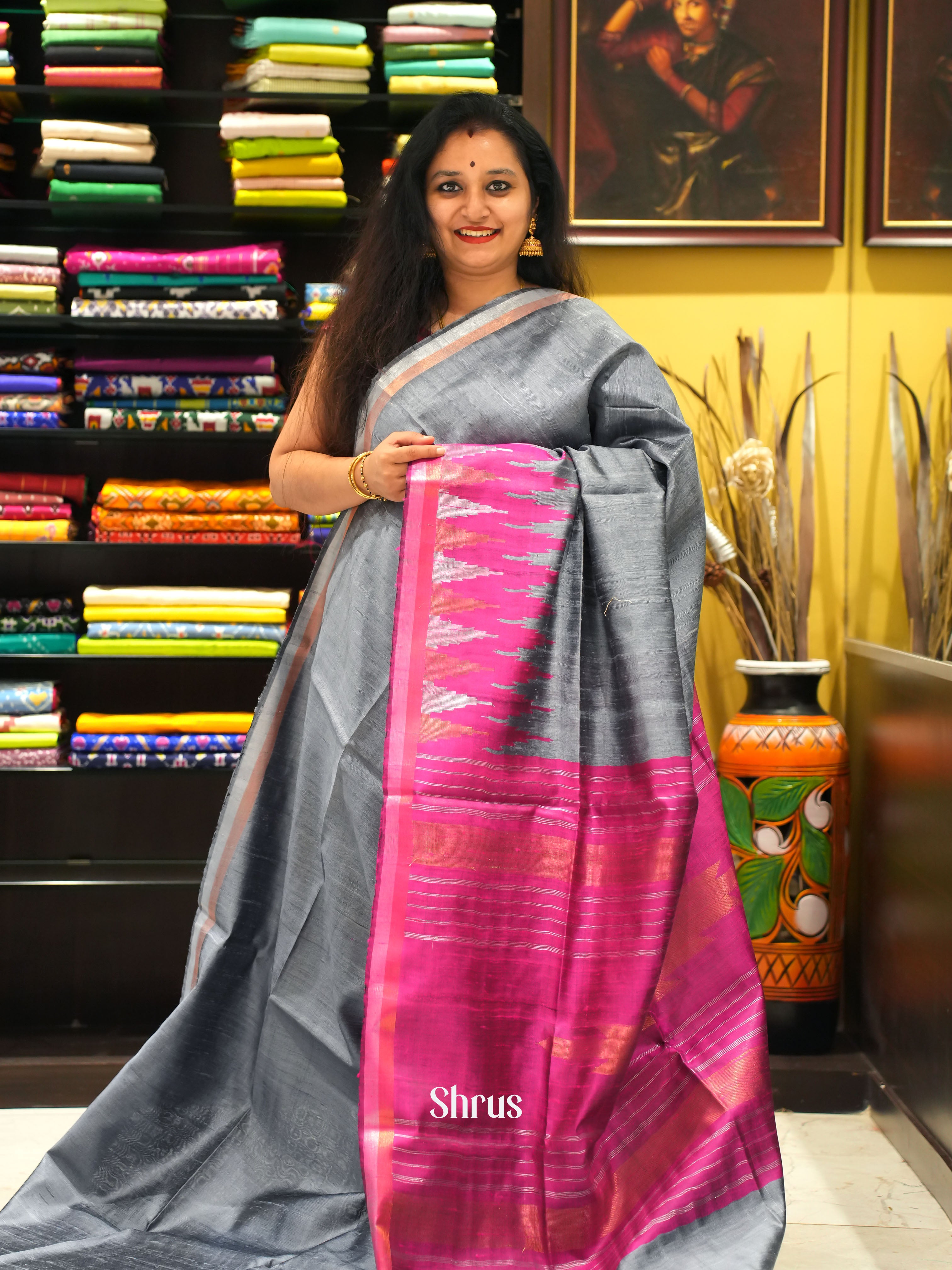 Grey & Pink - Raw Silk Saree