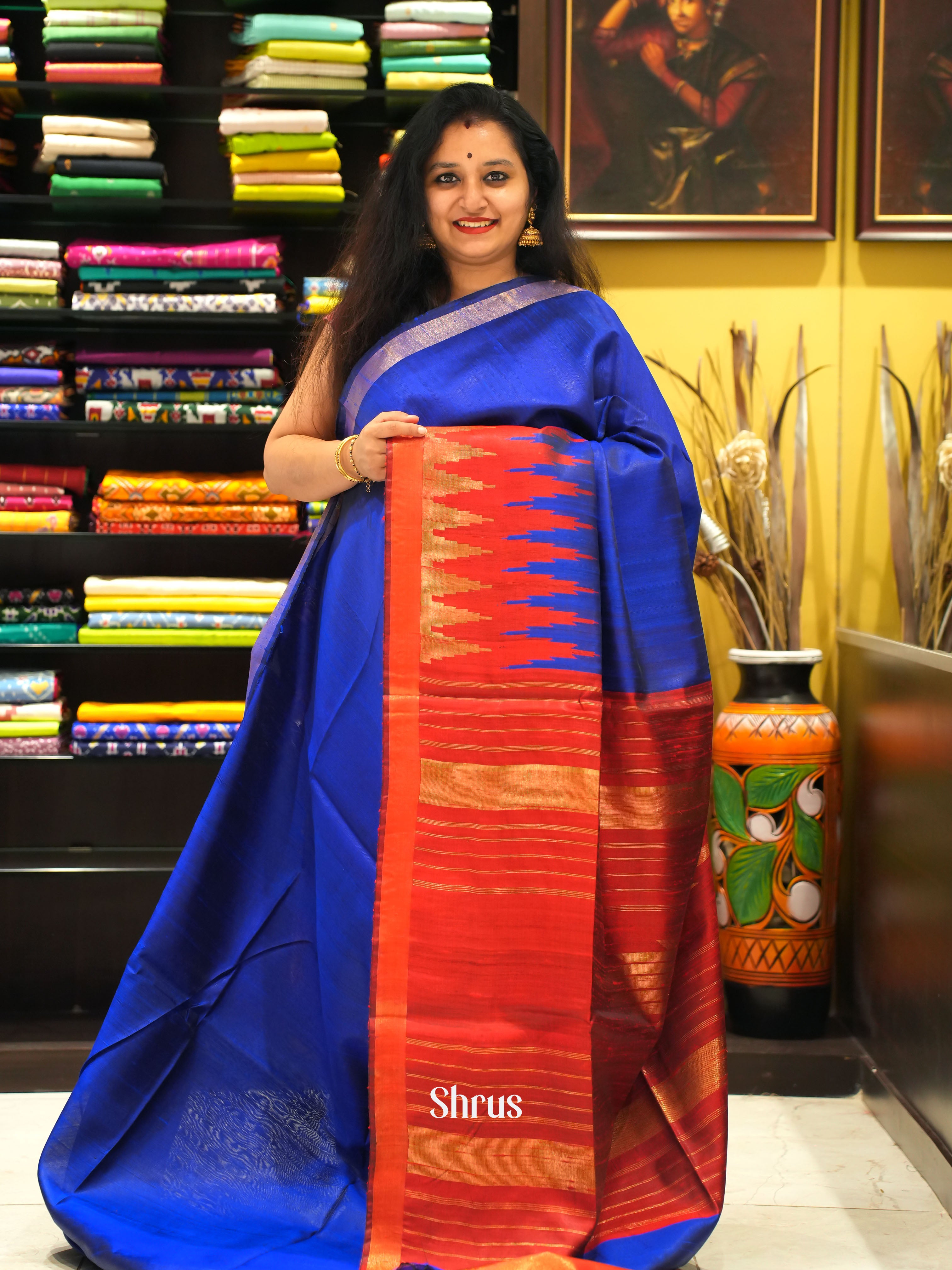 Blue & Red - Raw Silk Saree