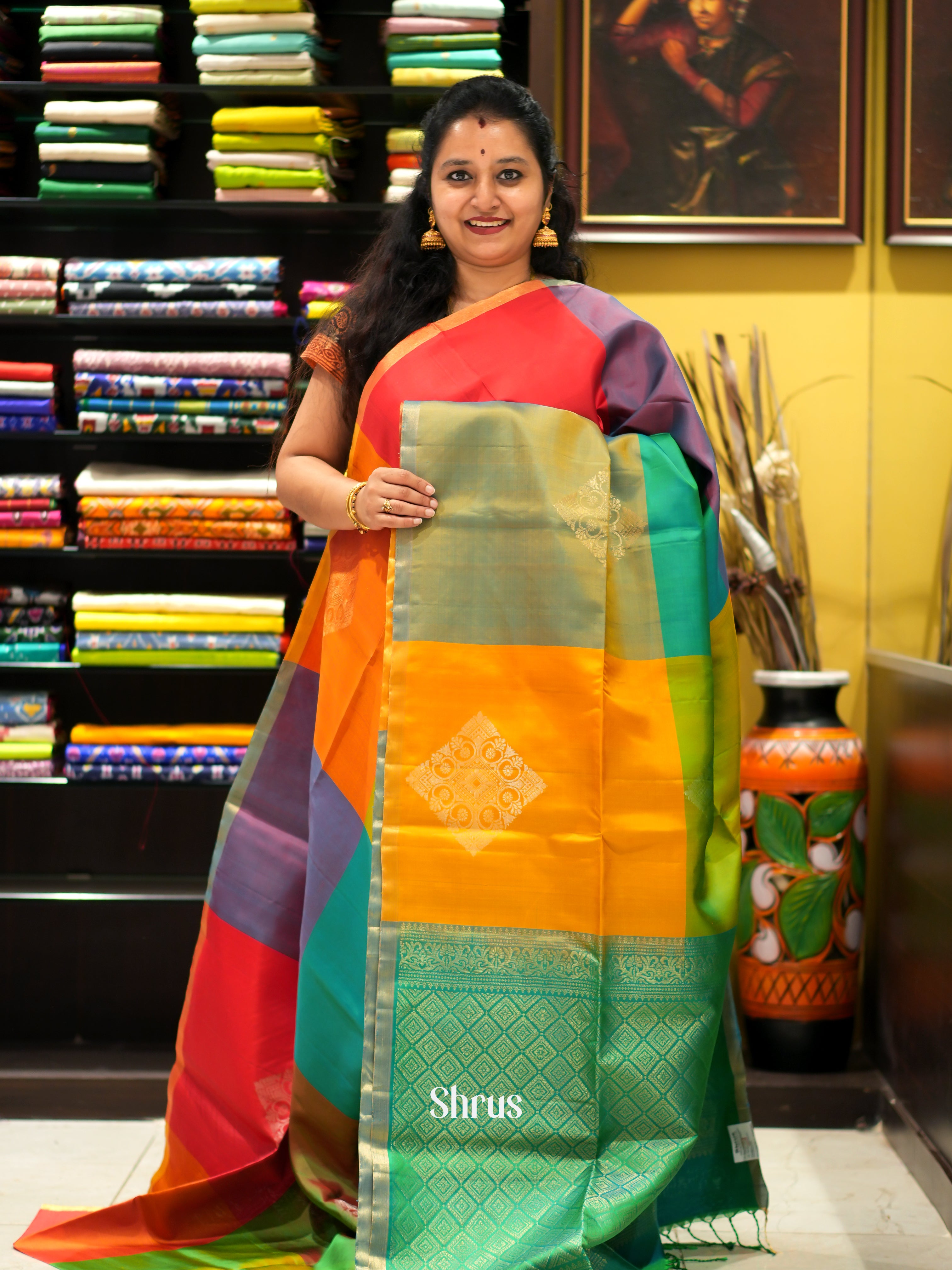 Multicolor & Green - Soft Silk Saree