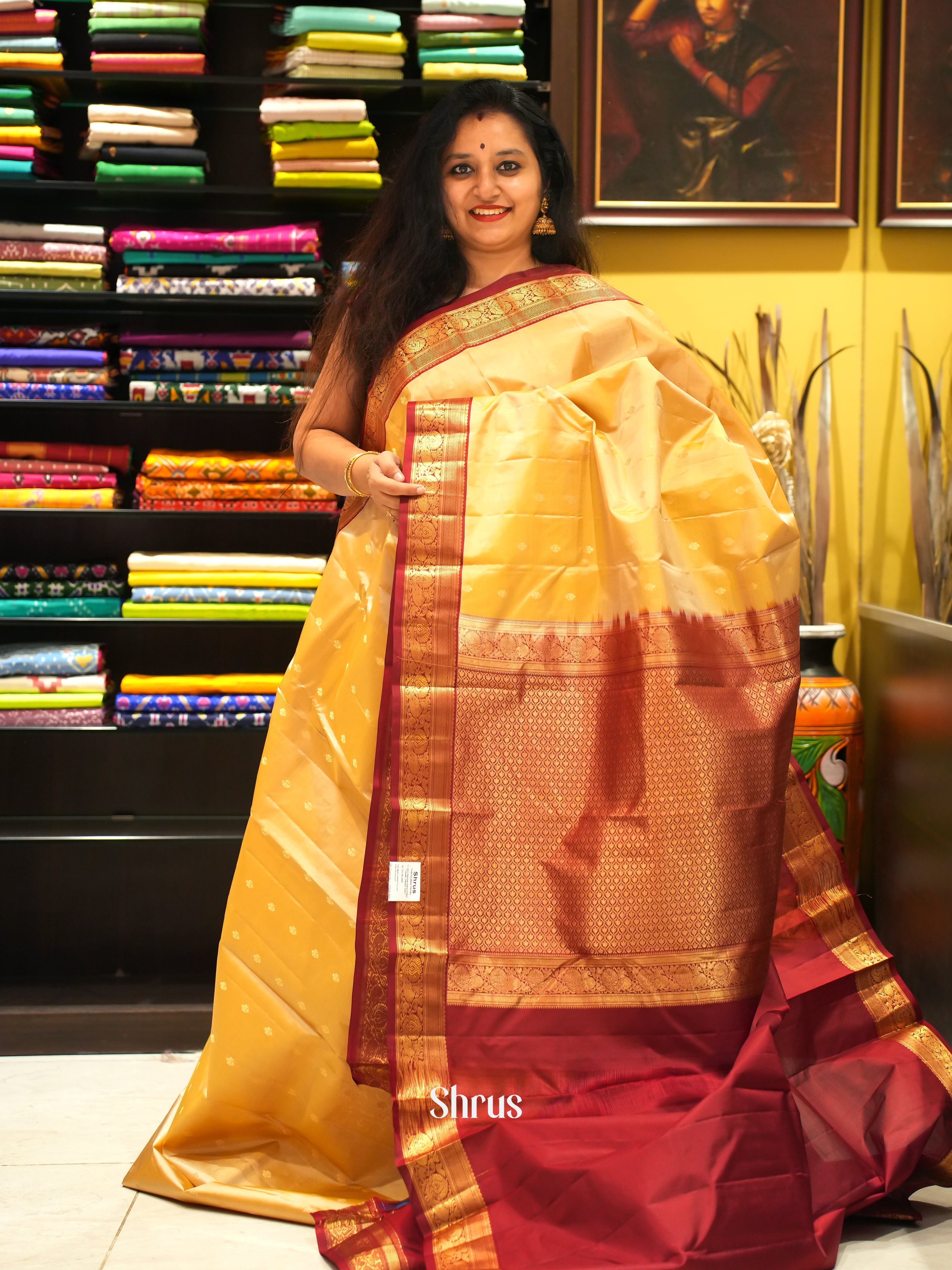 Sandal & Maroon -Kanchipuram silk saree