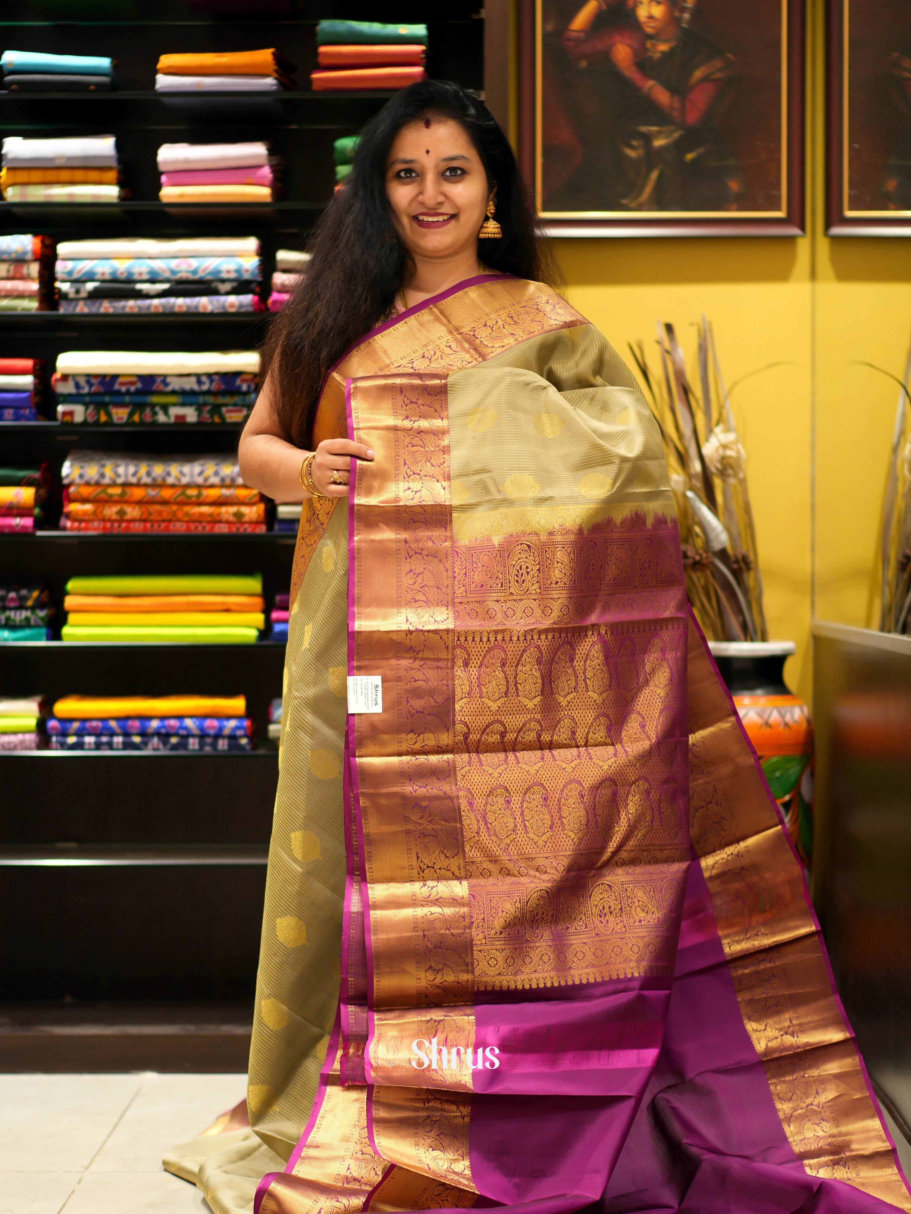 Goldish Grey & Purple - Kanchipuram silk saree