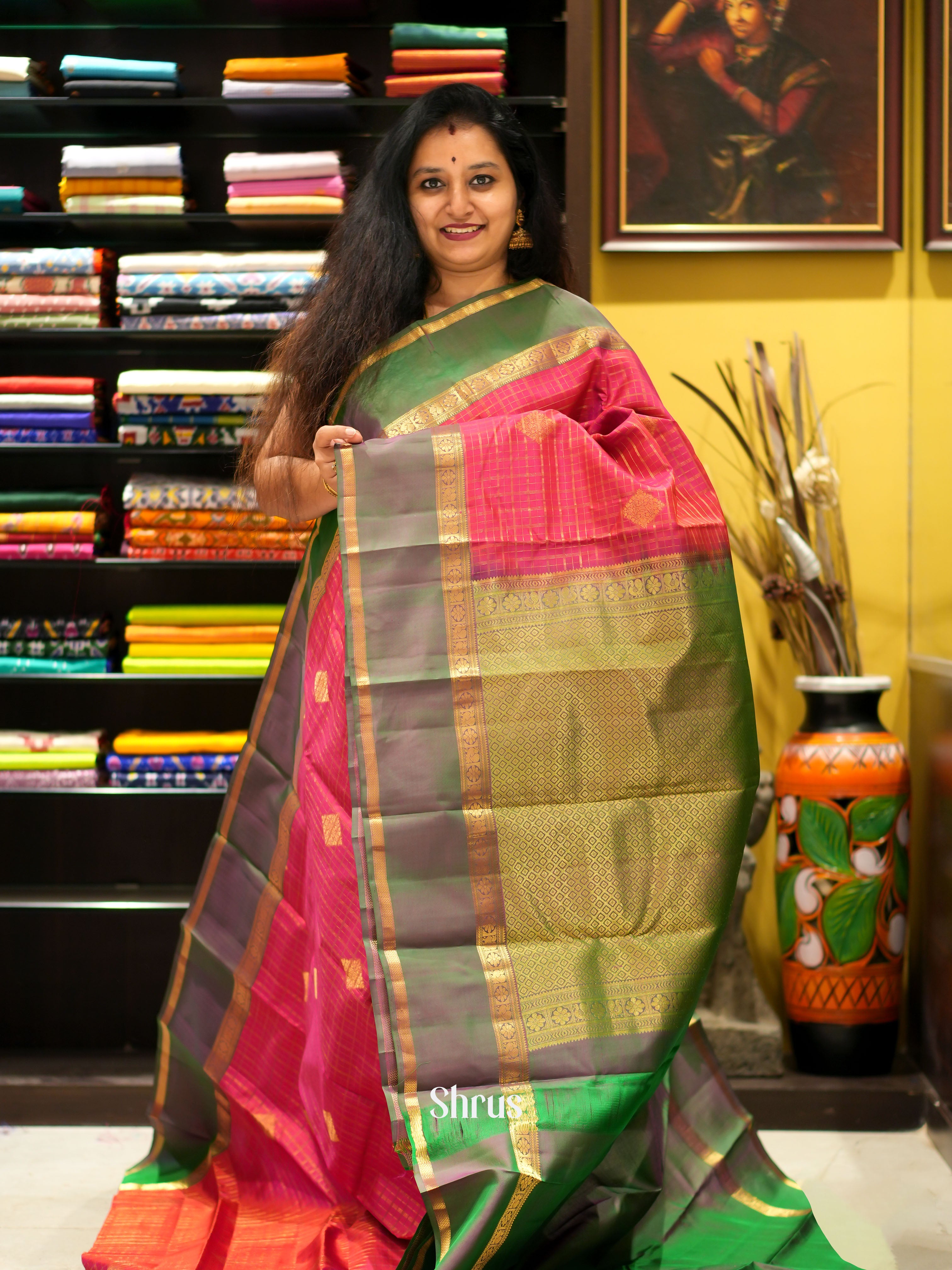 Reddish Pink & Green - Kanchipuram silk saree