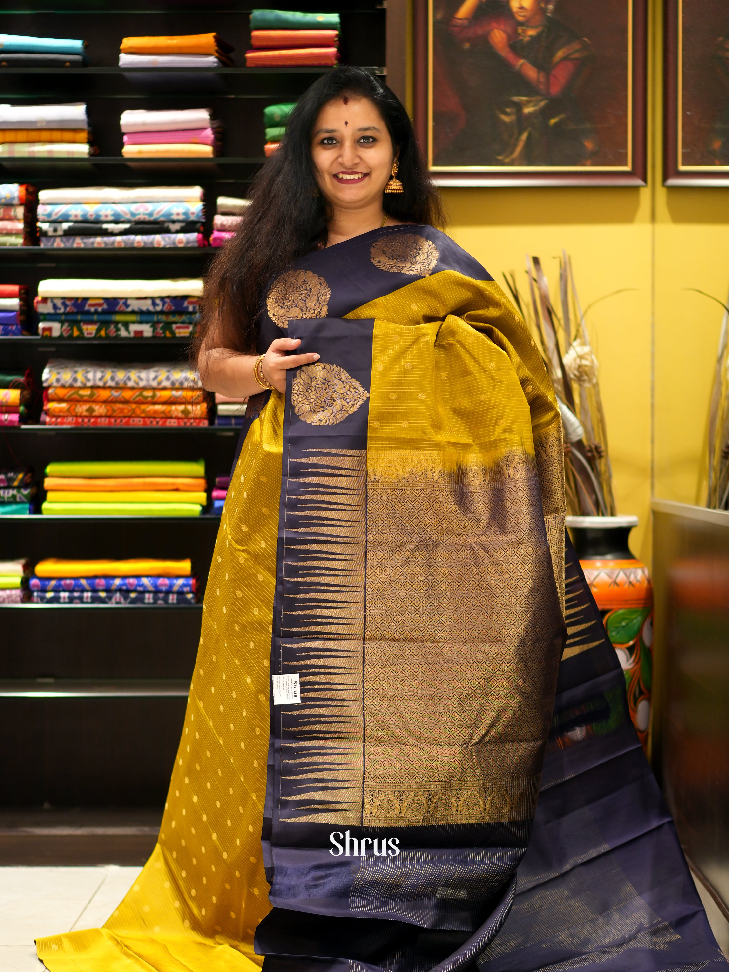 Mustardy Green & Blue - Kanchipuram silk saree