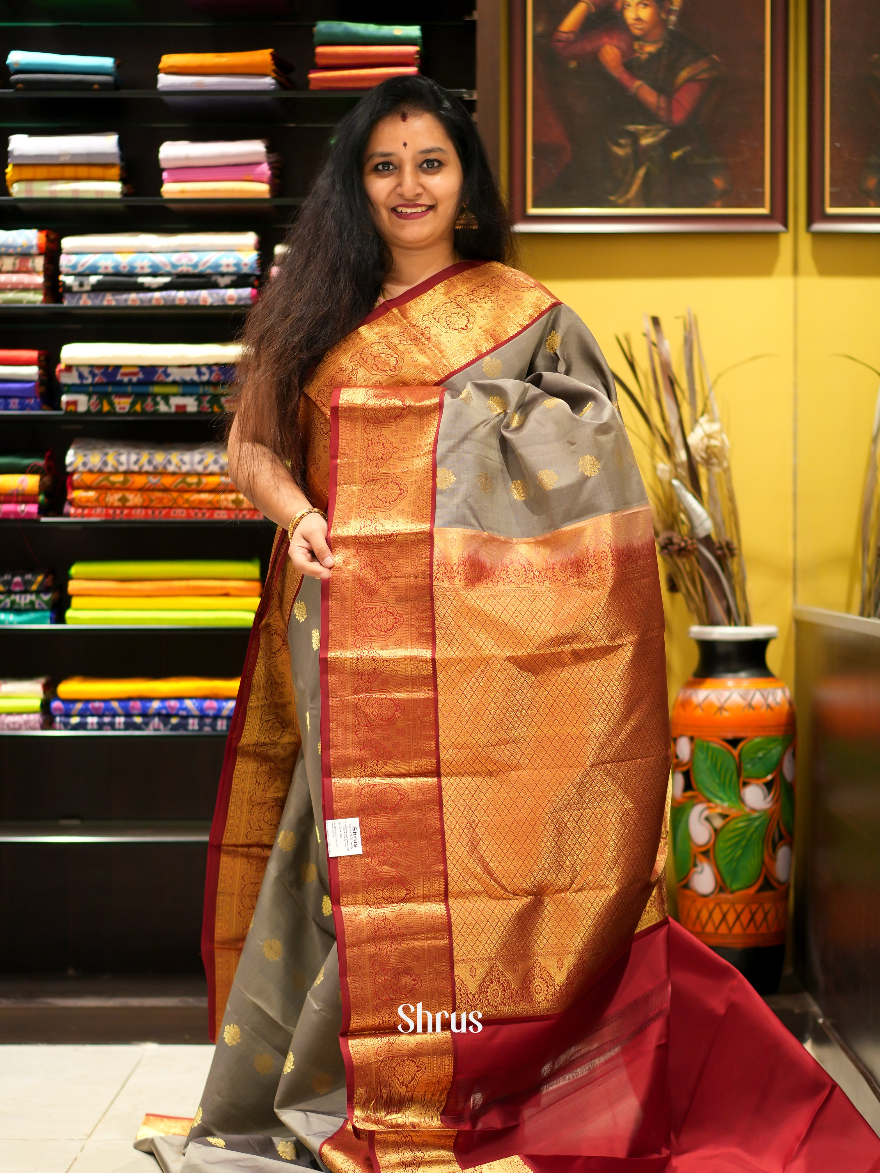 Grey & Maroon - Kanchipuram silk saree