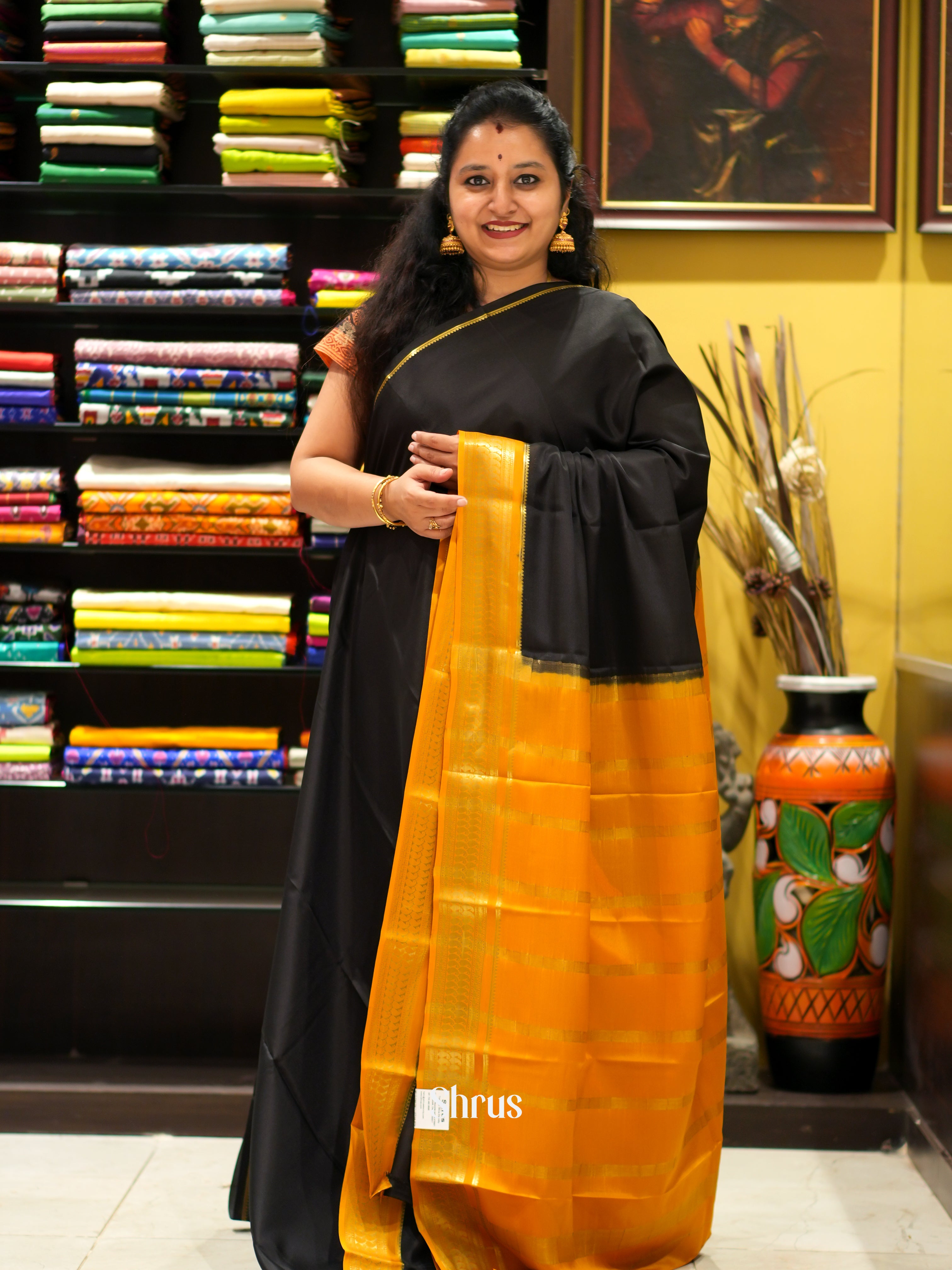 Black & Mustard  - Mysore Silk Saree