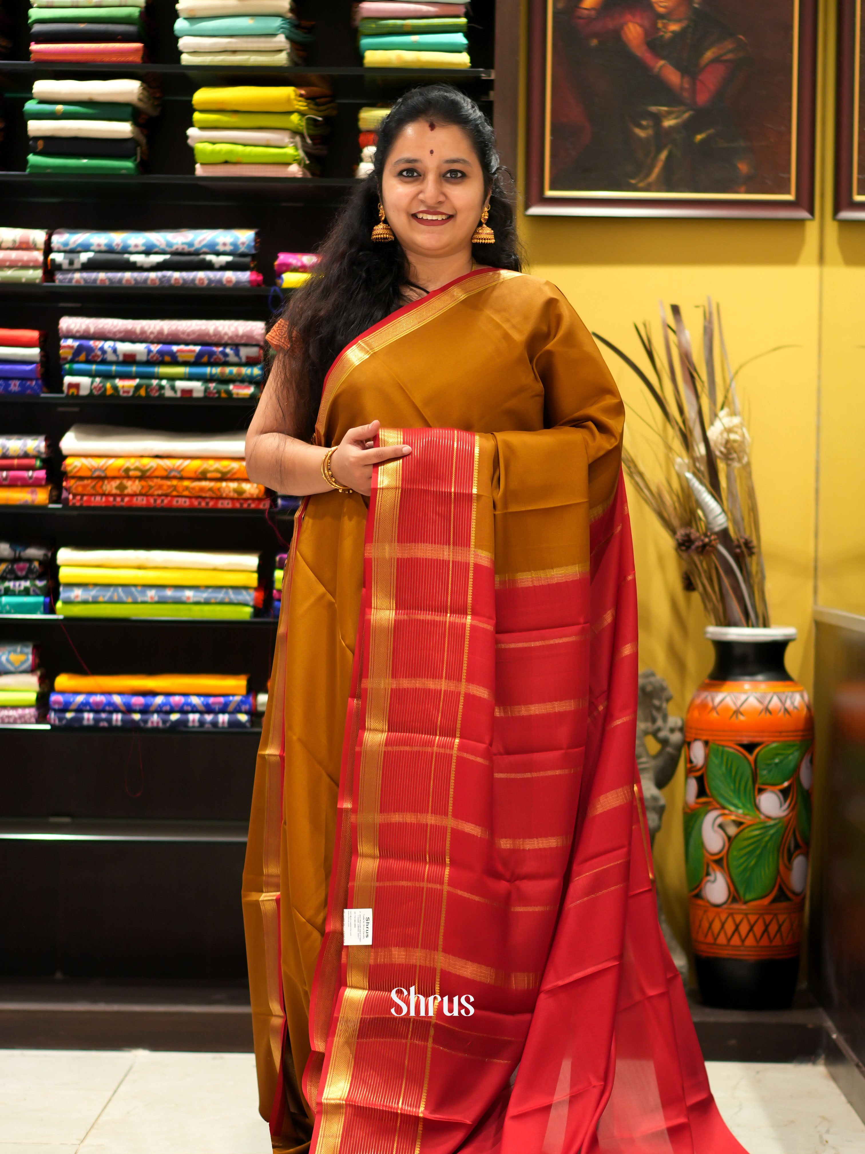 Brown & Red - Mysore Silk Saree