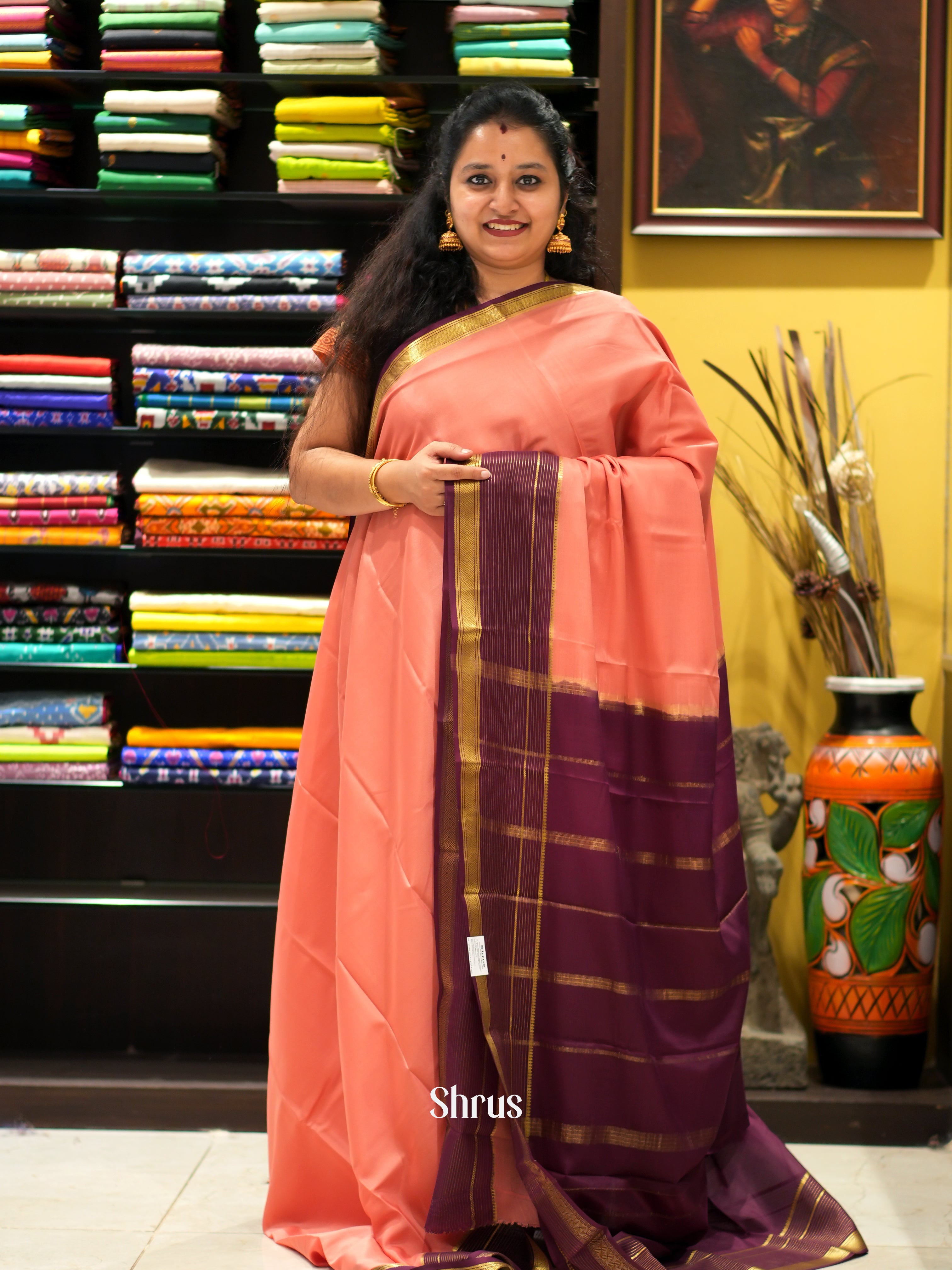 Peachish Pink & Brown - Mysore Silk Saree