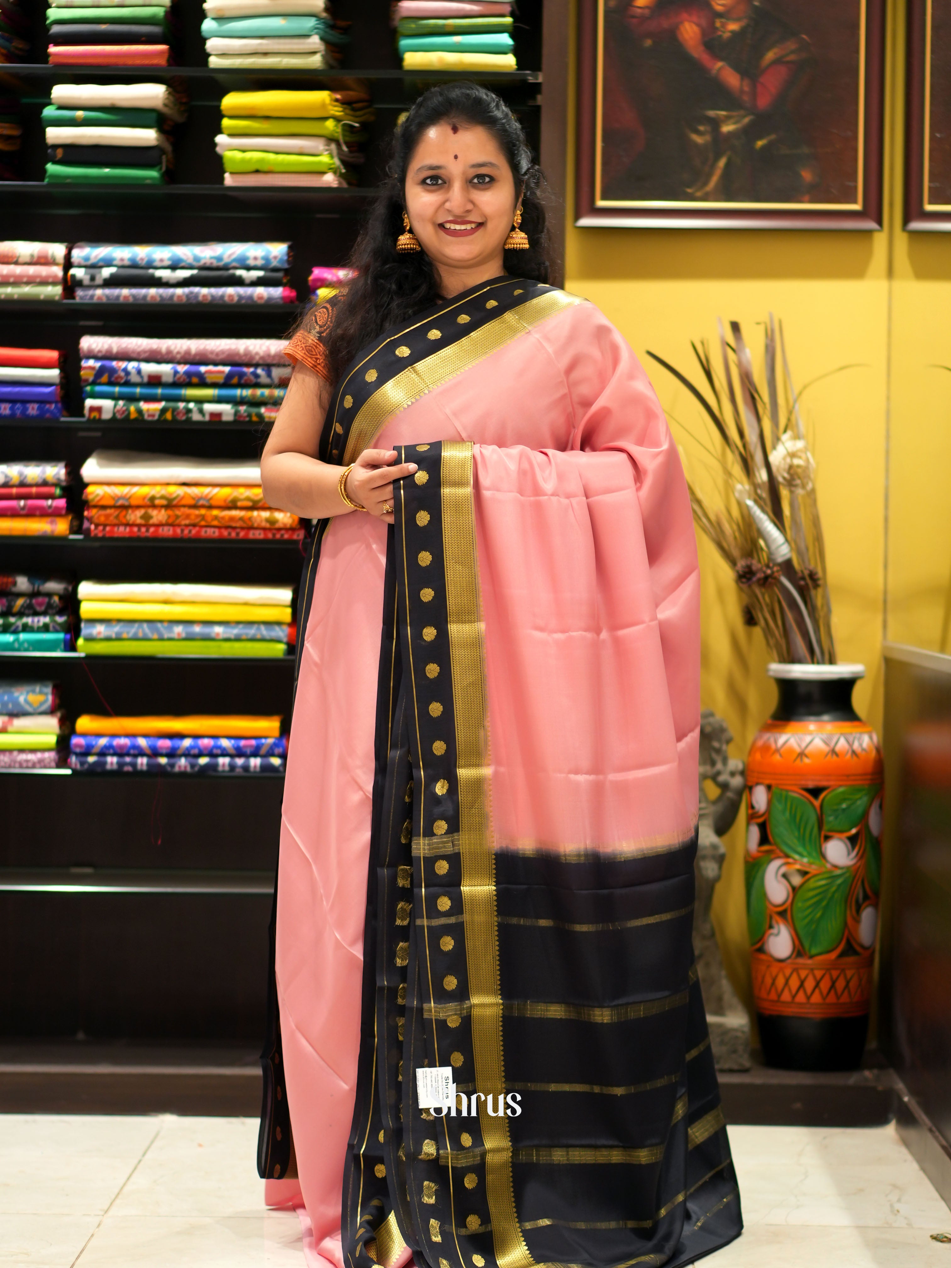 Pink & Black - Mysore Silk Saree