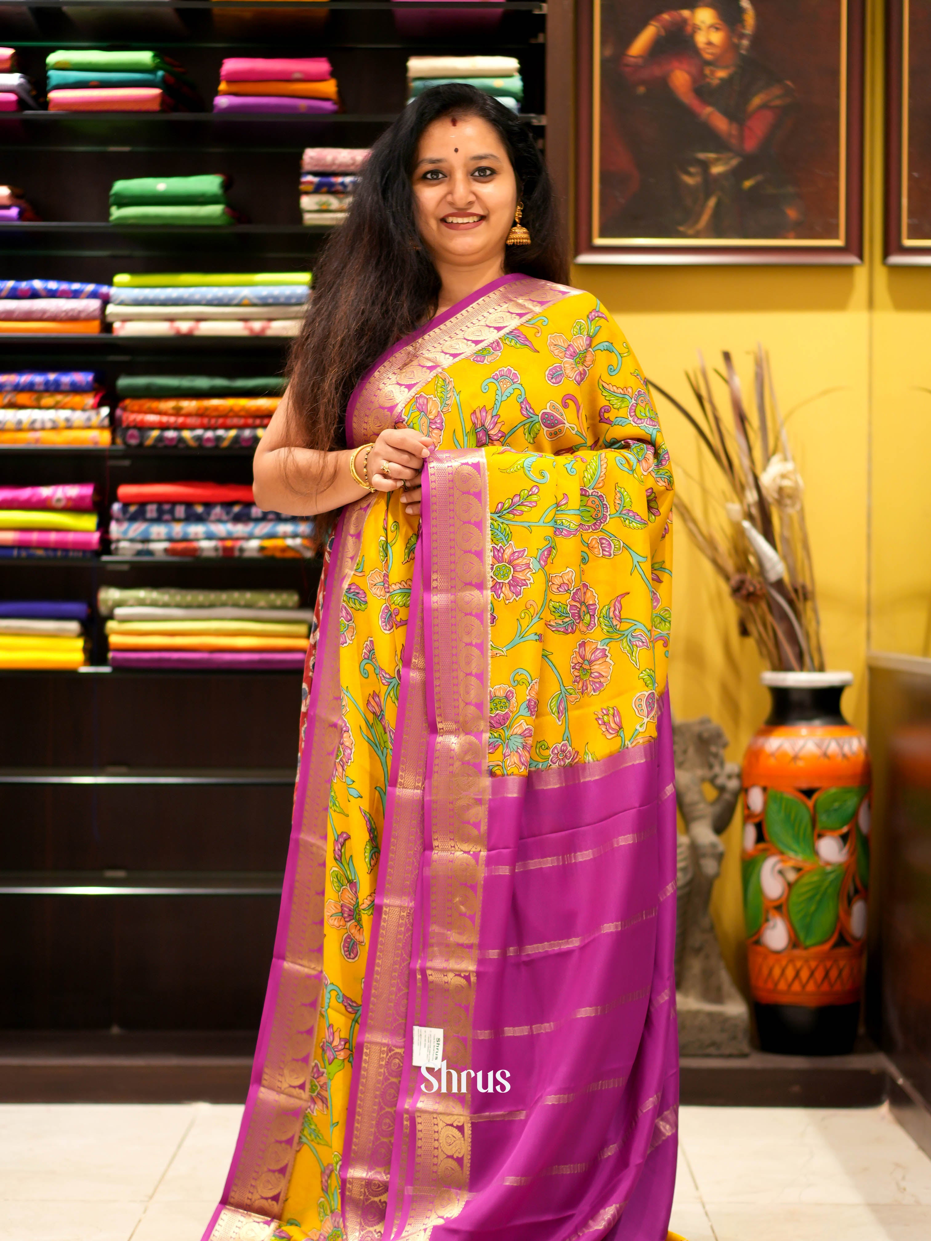 Yellow & Pink - Mysore silk Saree