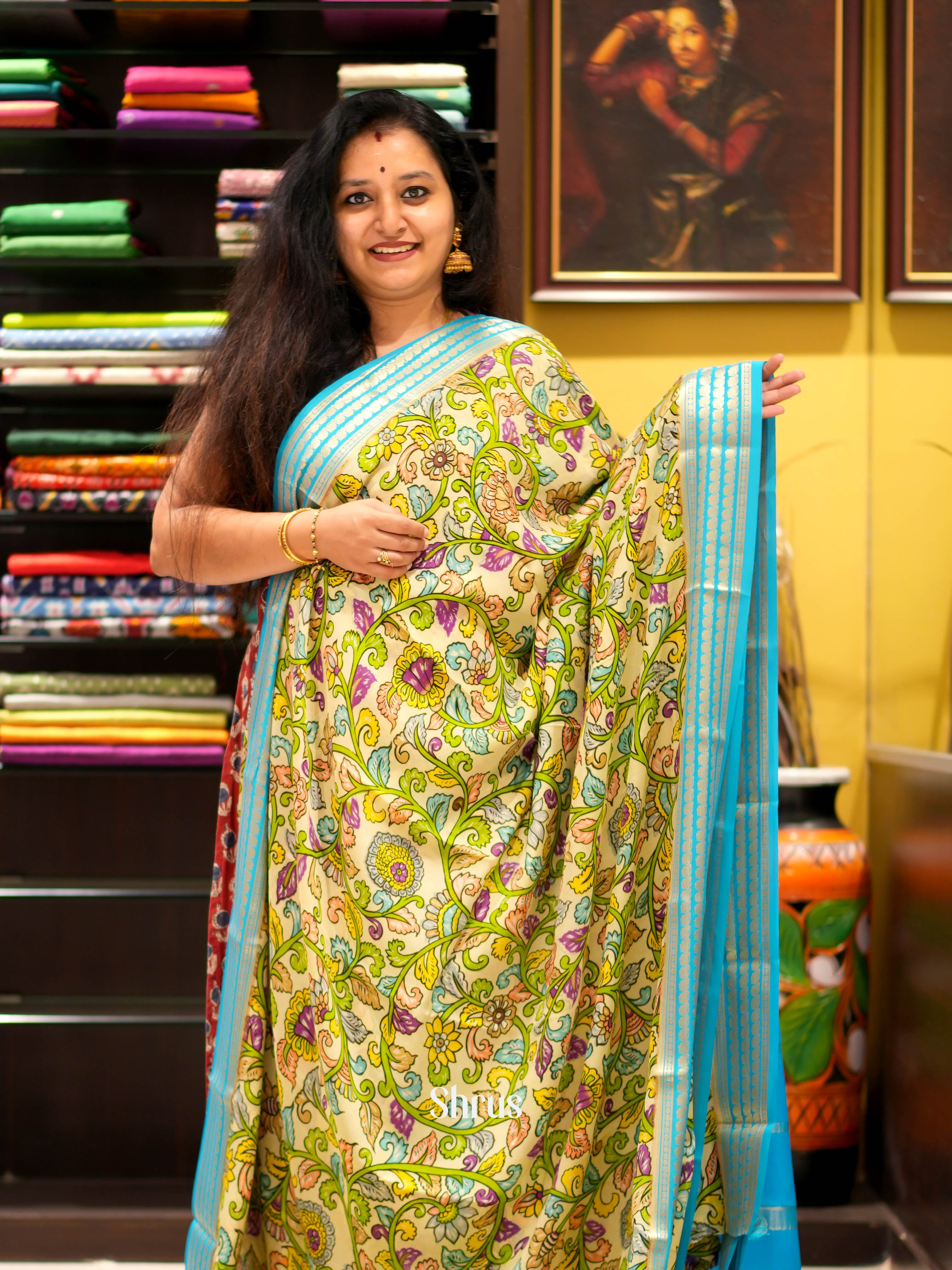 Beige & Teal - Mysore silk Saree