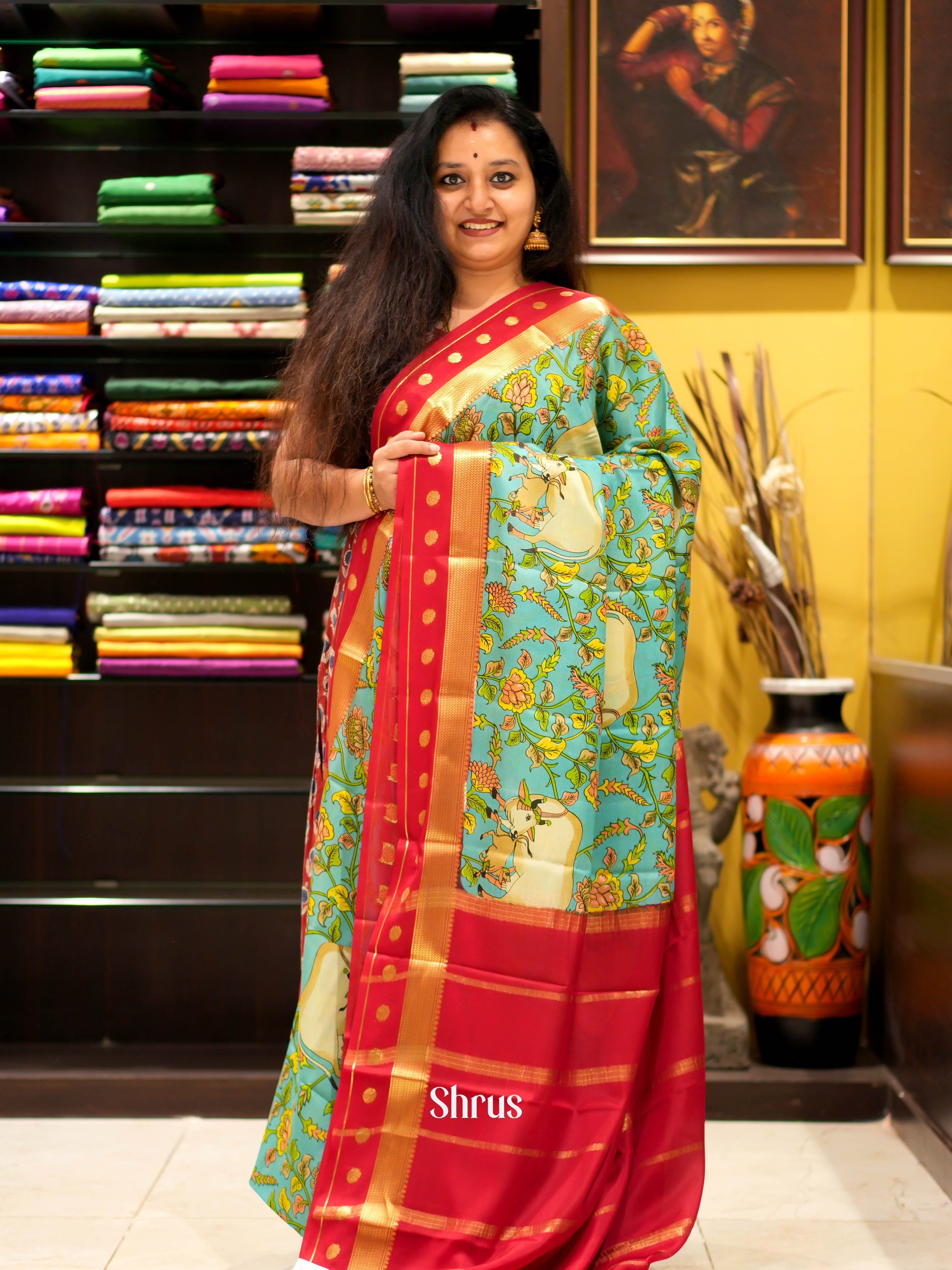 Teal Green & Red - Mysore silk Saree