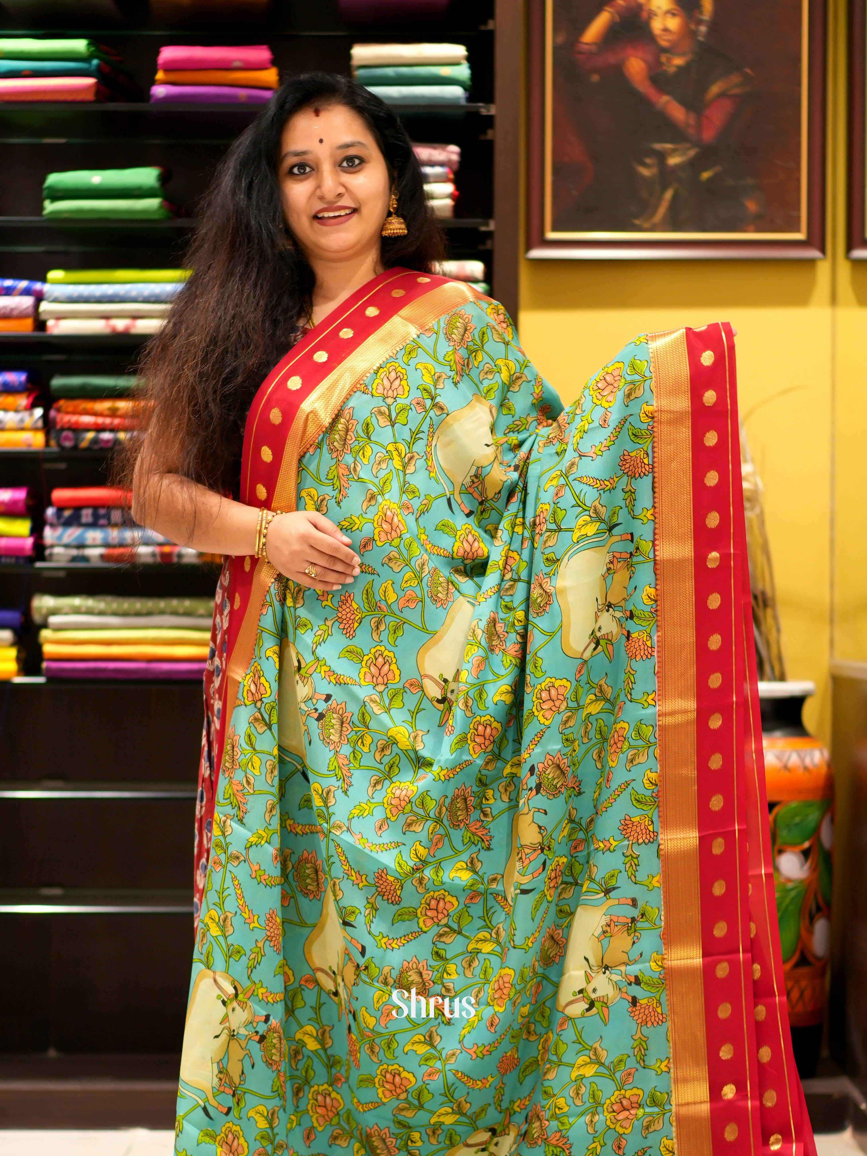 Teal Green & Red - Mysore silk Saree