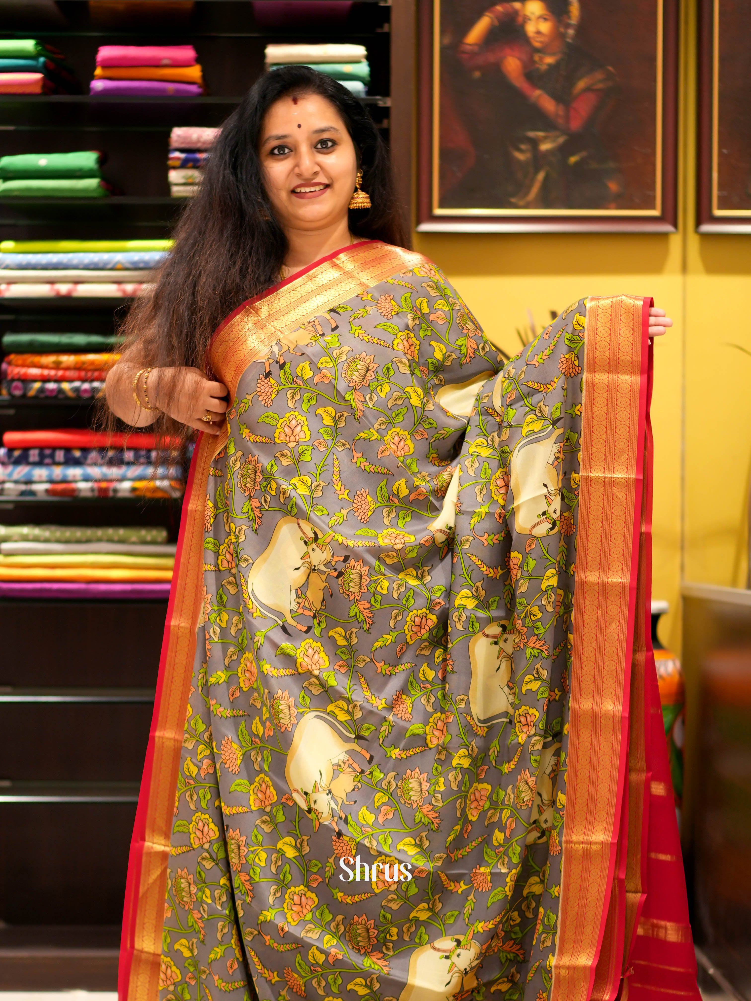 Grey & Red - Mysore silk Saree