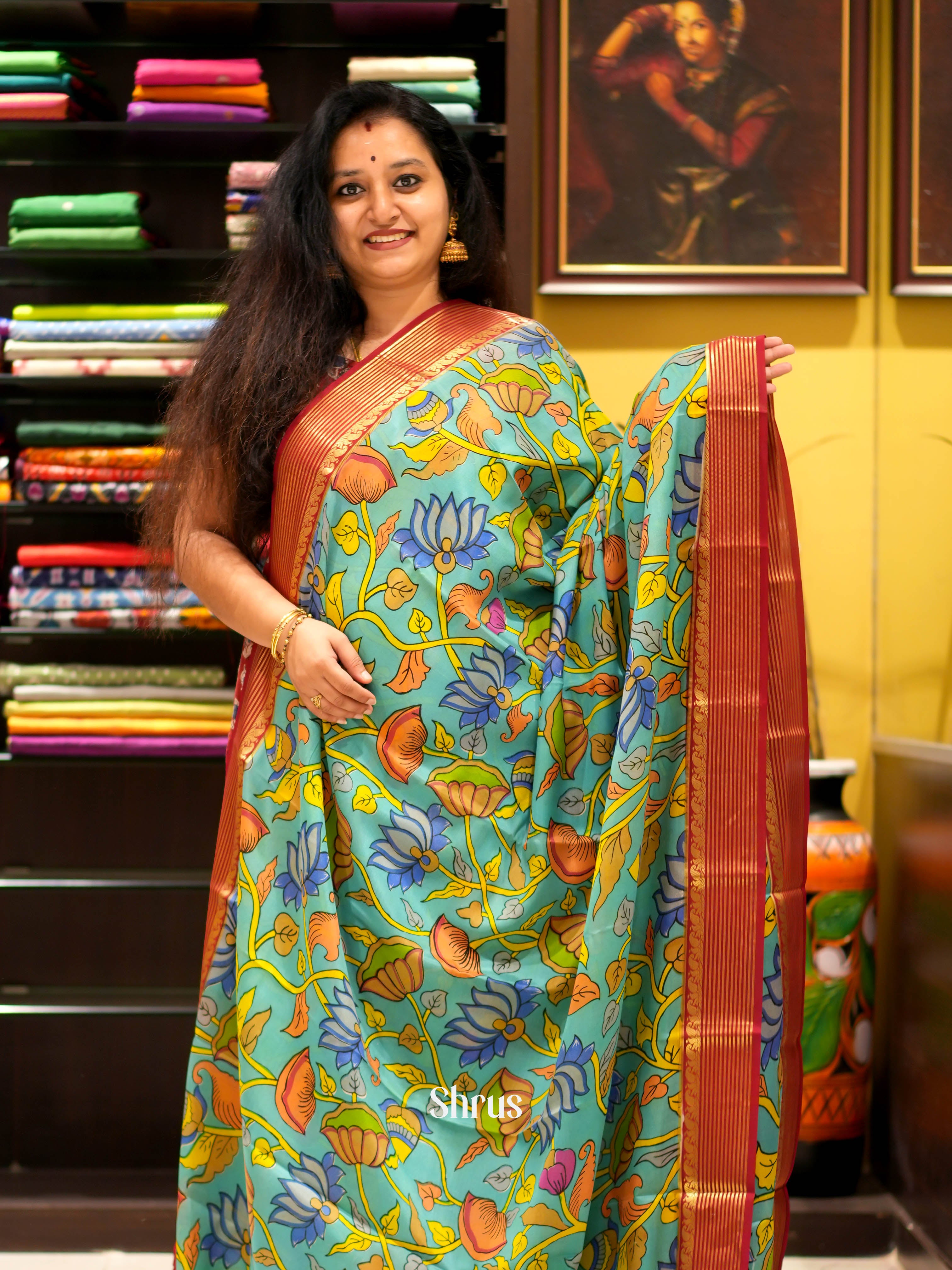 Teal & Red - Mysore Silk Saree