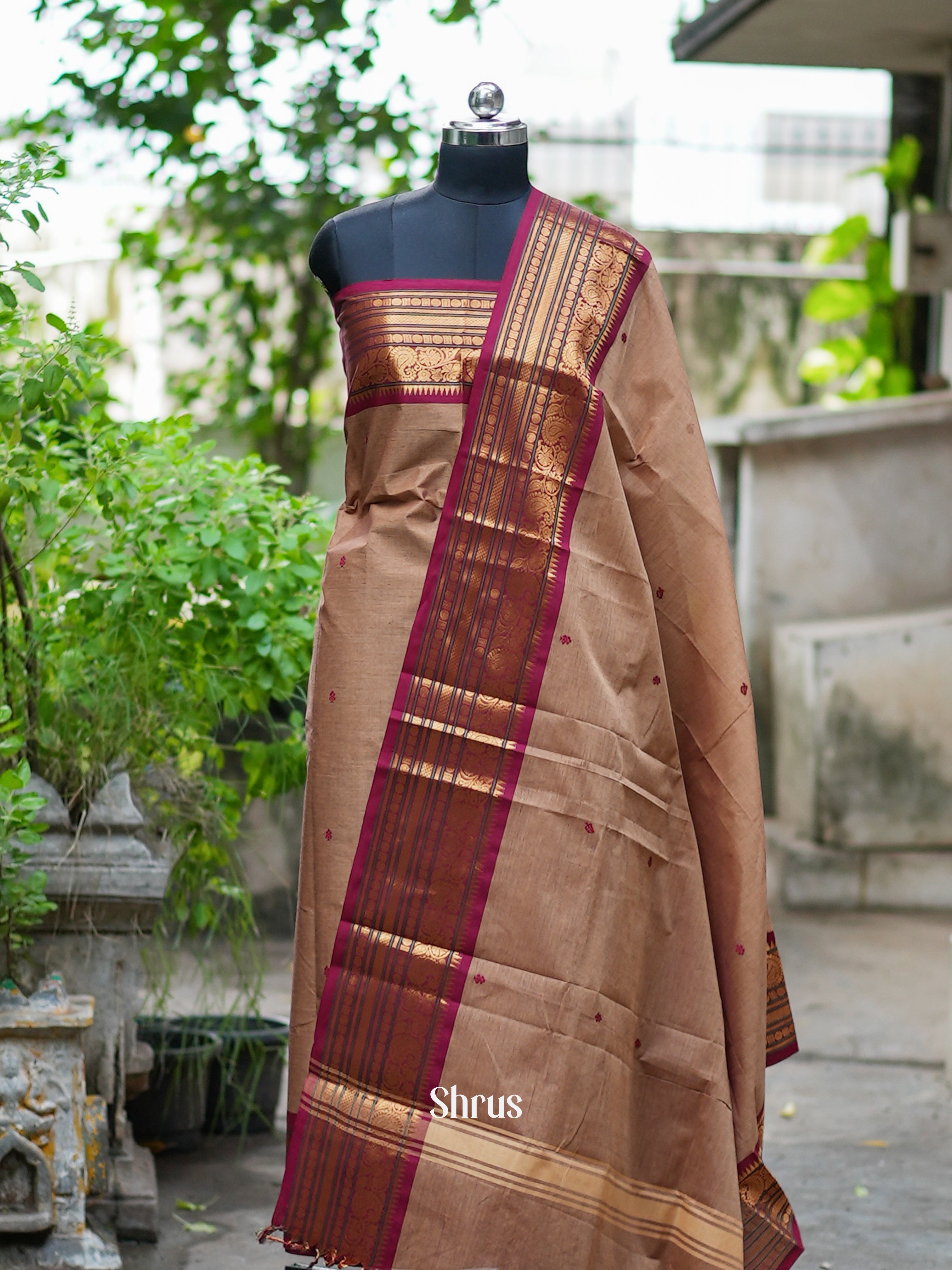 Brown & Maroon -Chettinad Cotton Top & Dupatta Combo