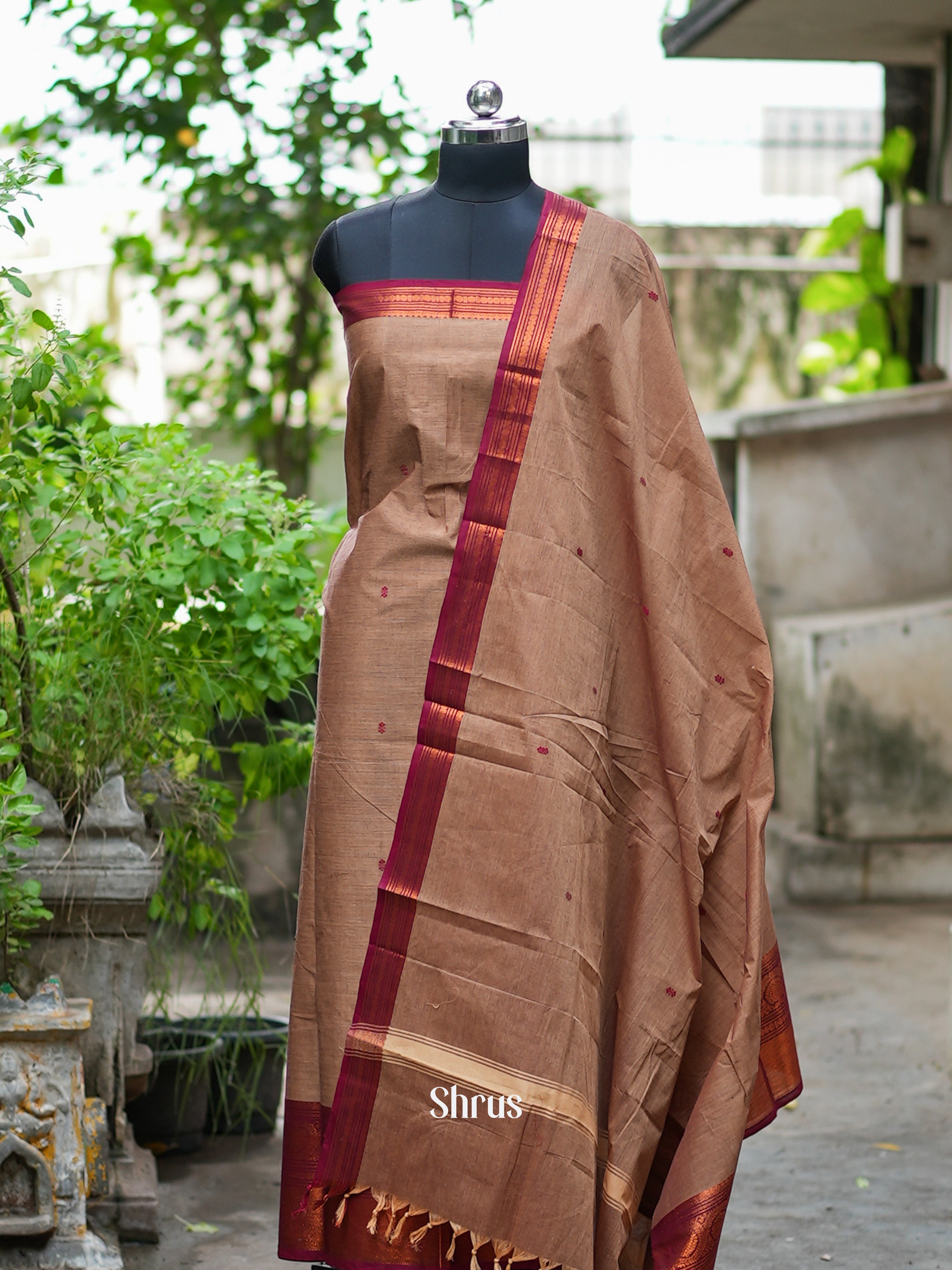 Lite Brown & Maroon - chettinad top & dupatta combo