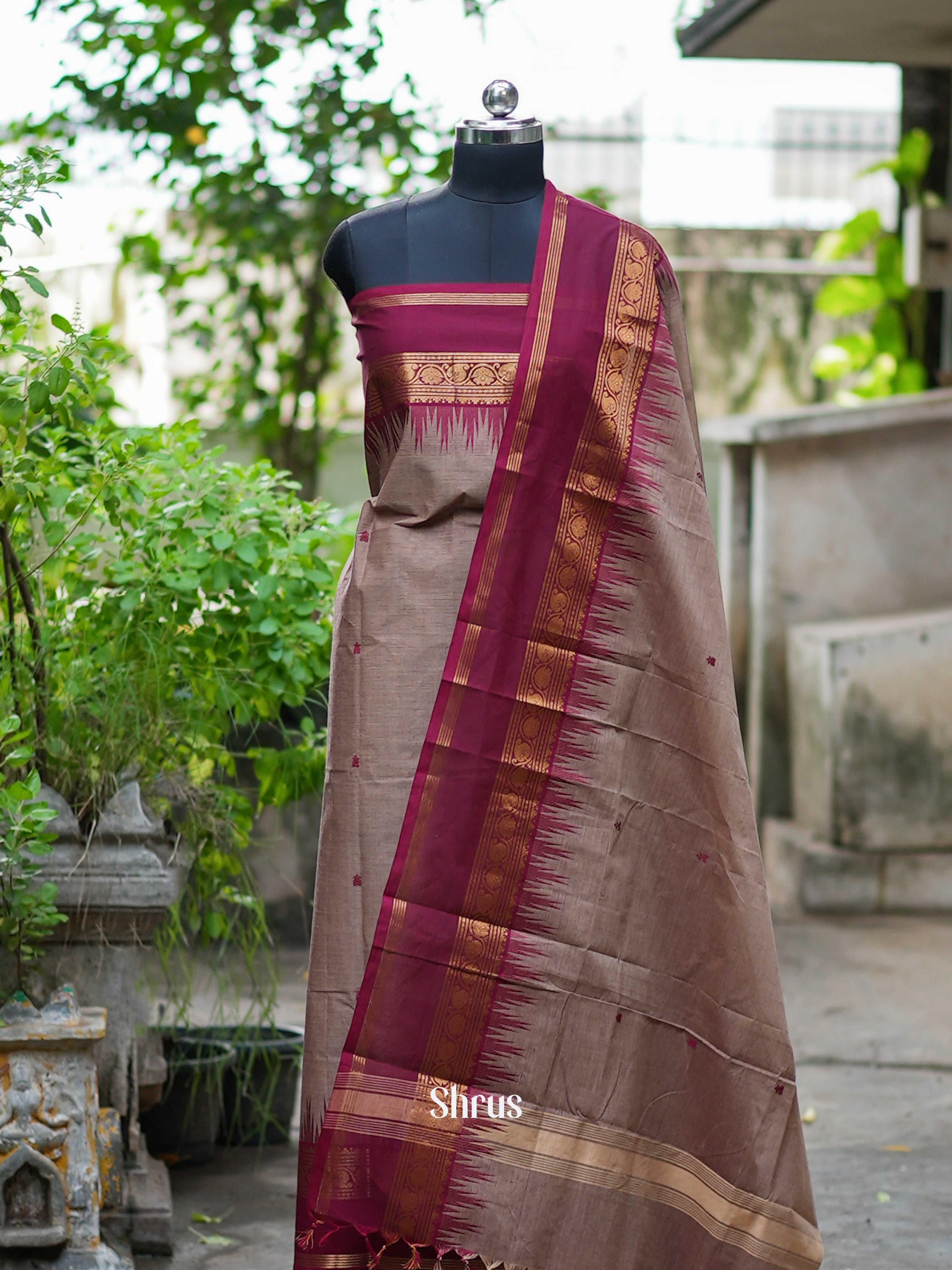 Grey & Maroon - chettinad top & dupatta combo