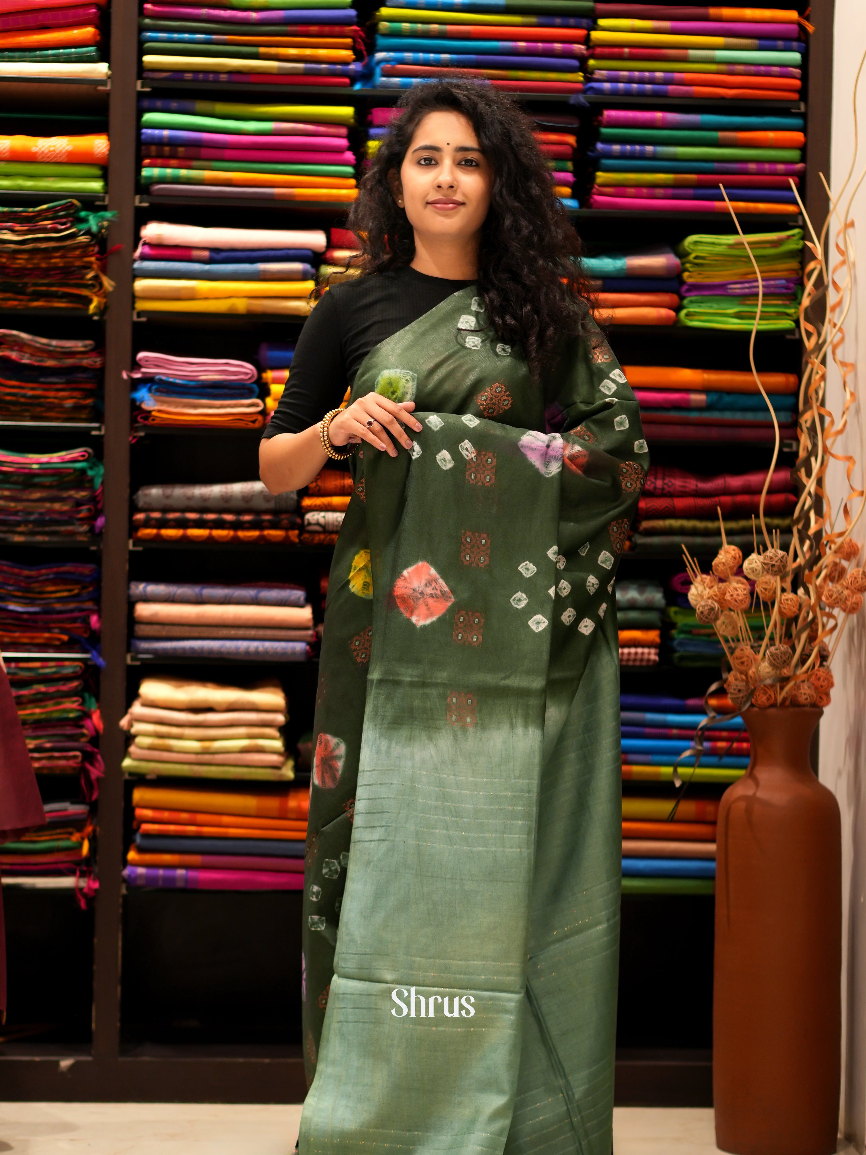 Green & Grey Green  - Shibori Saree