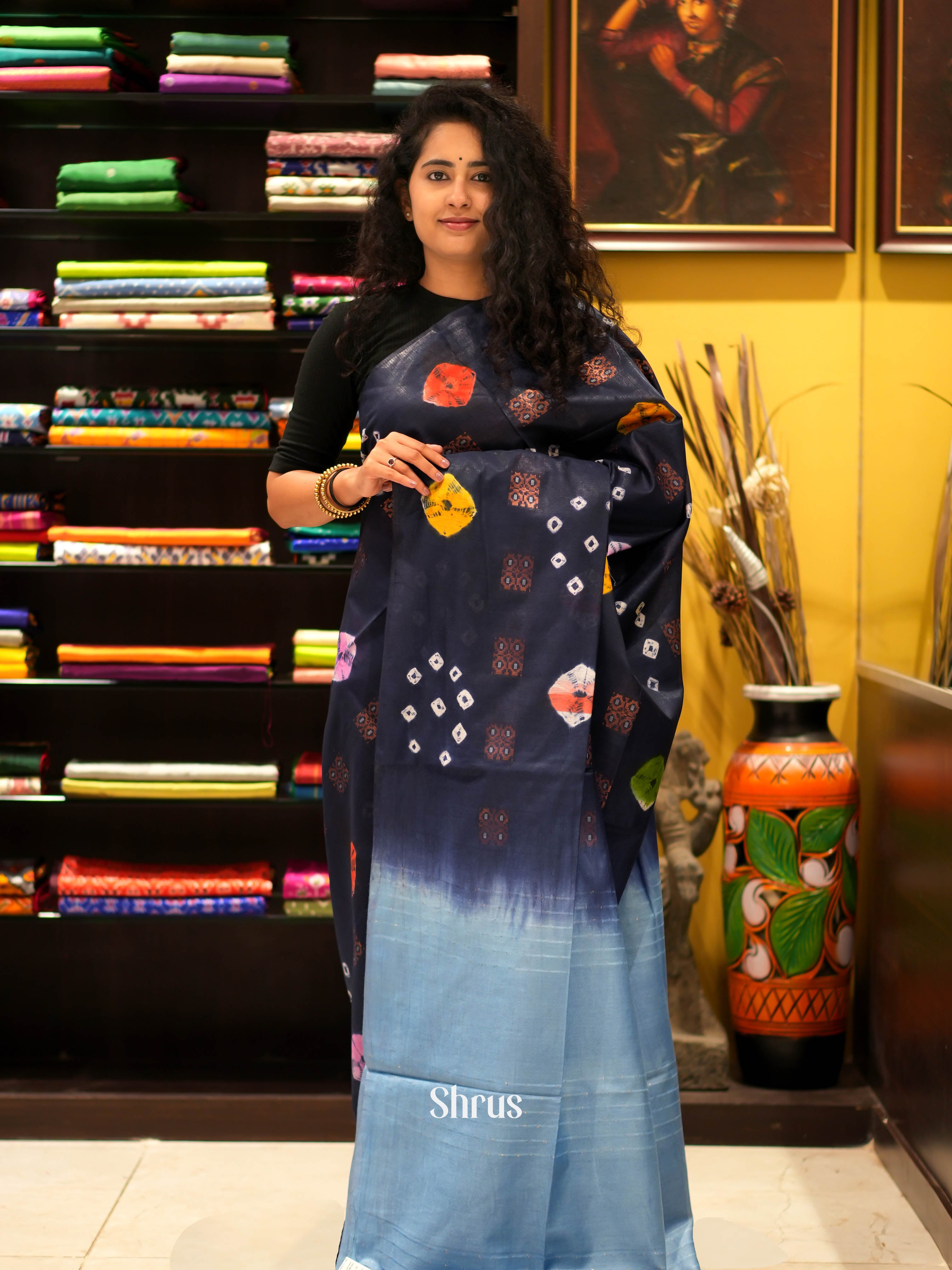 Navy Blue & Lite Blue - Shibori Saree