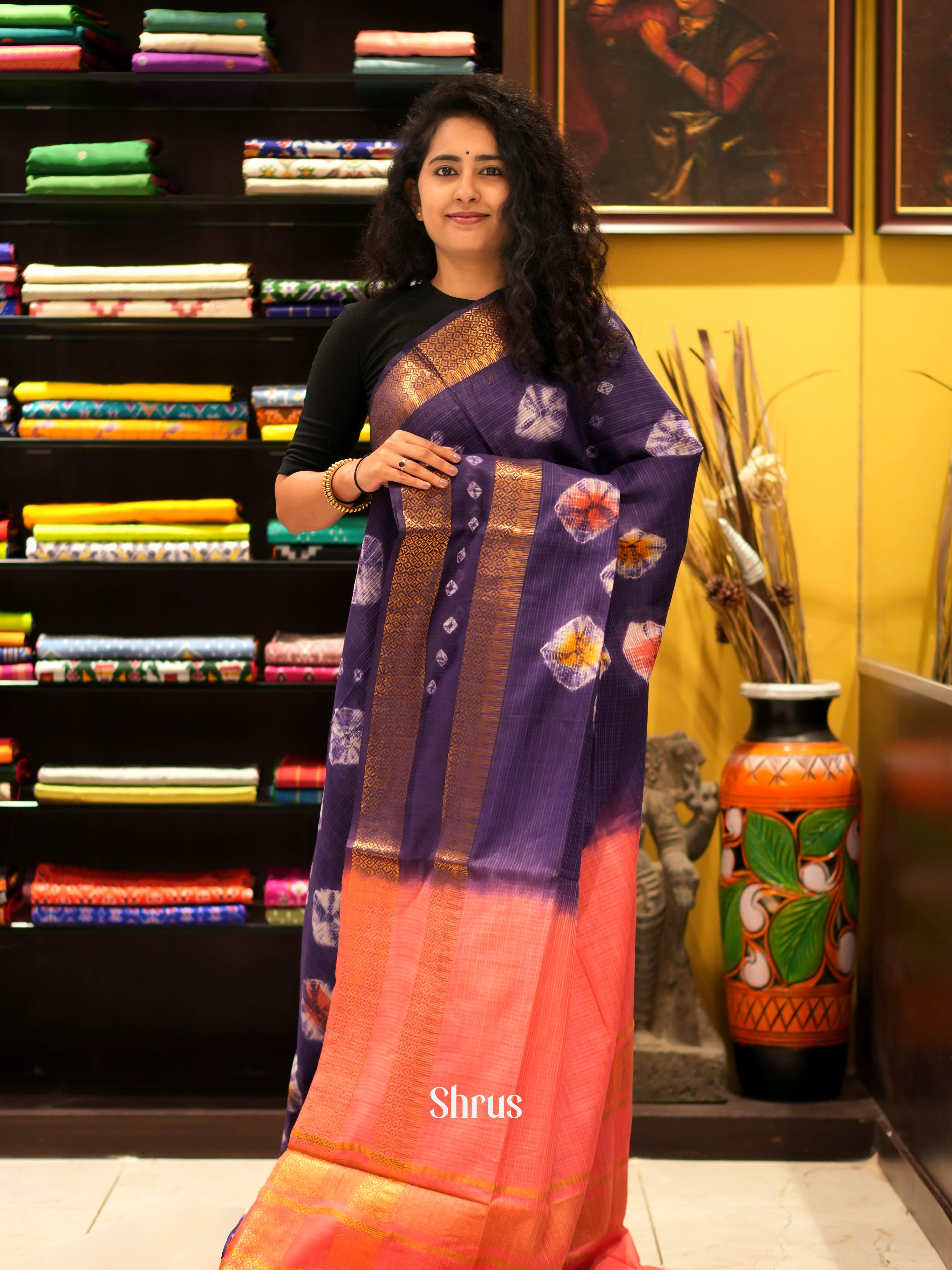 Violet & Orangish pink - Shibori Saree