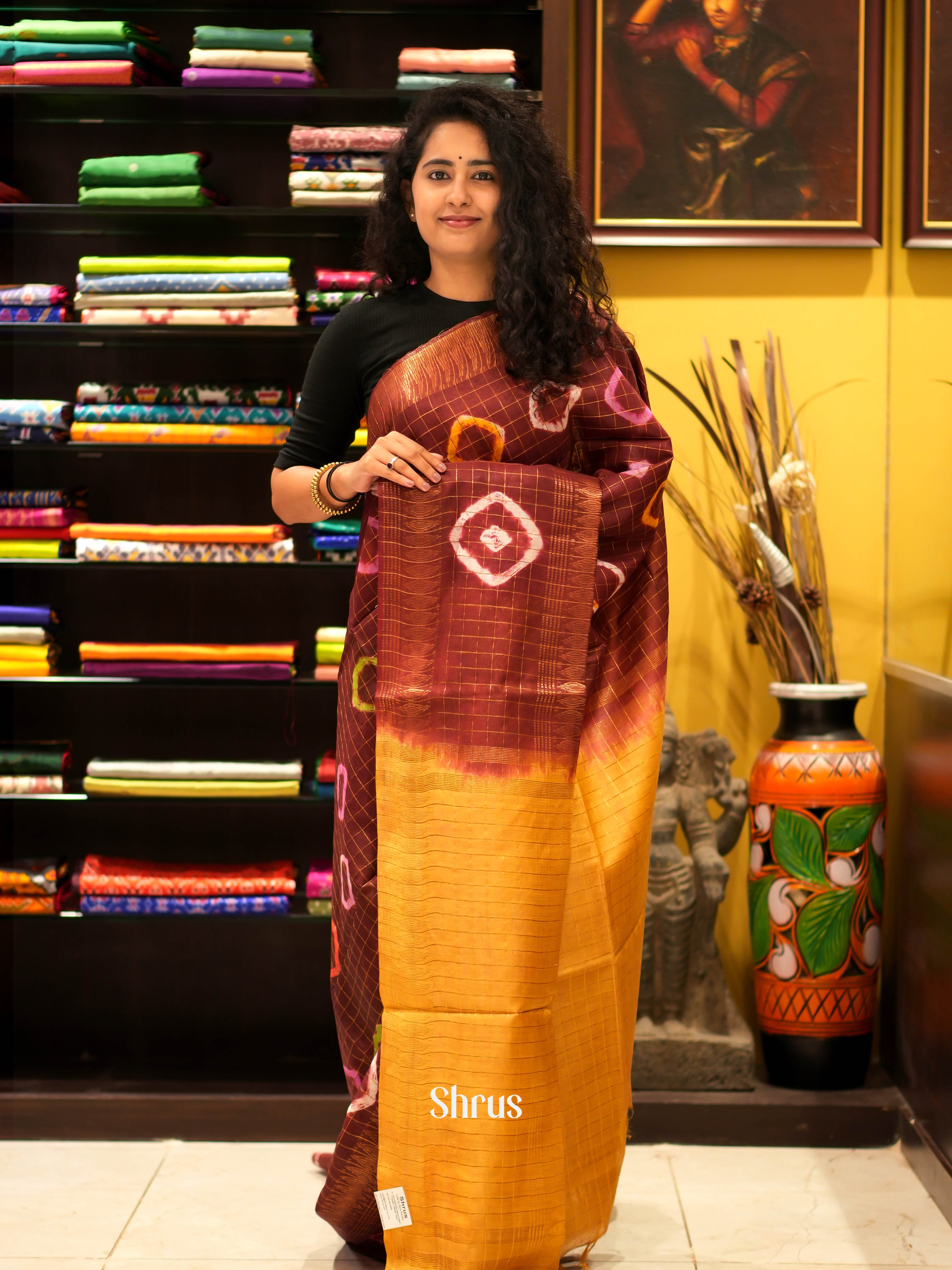 Brown & Mustard- Shibori Saree