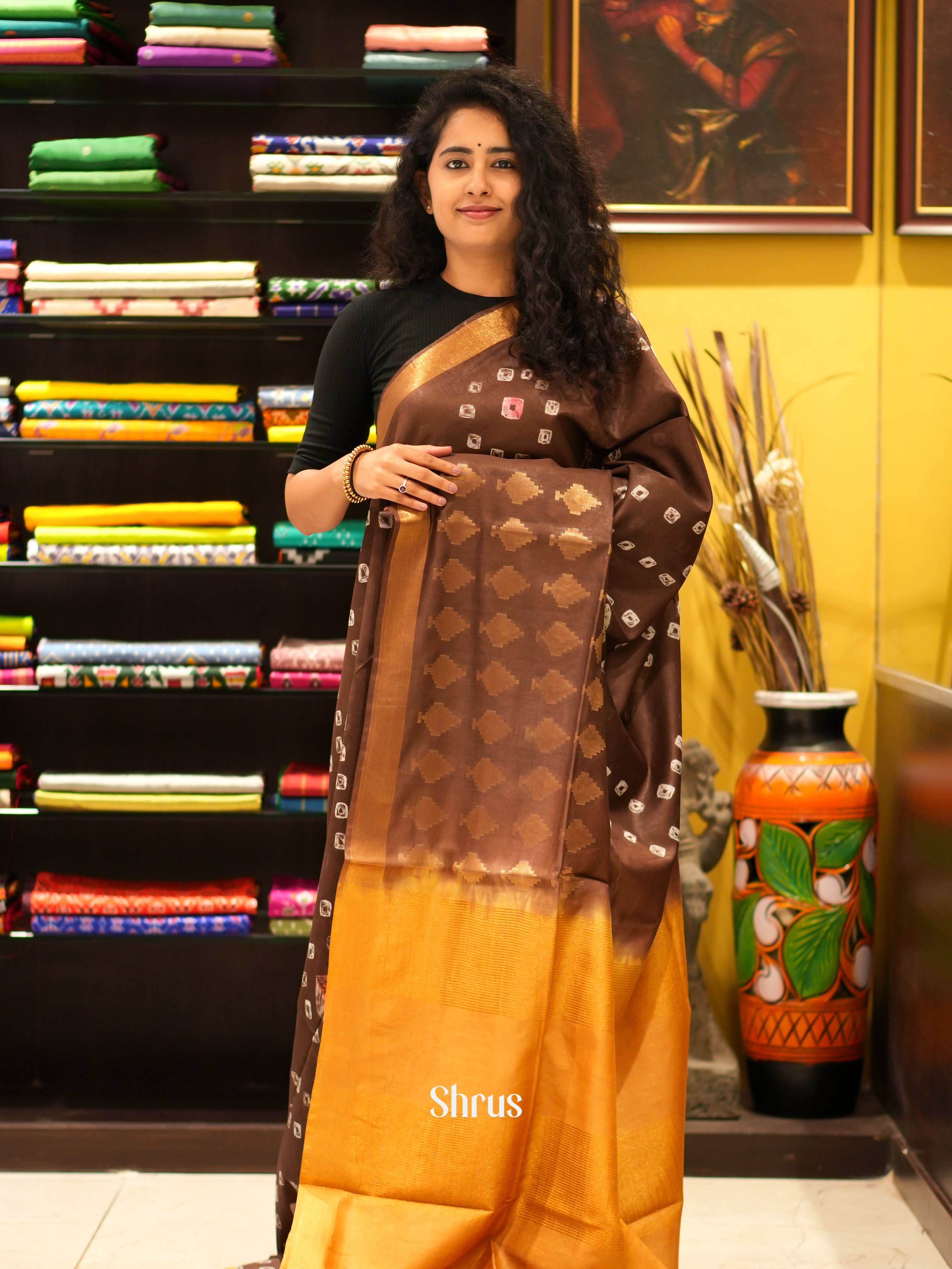 brown & Mustard- Shibori Saree