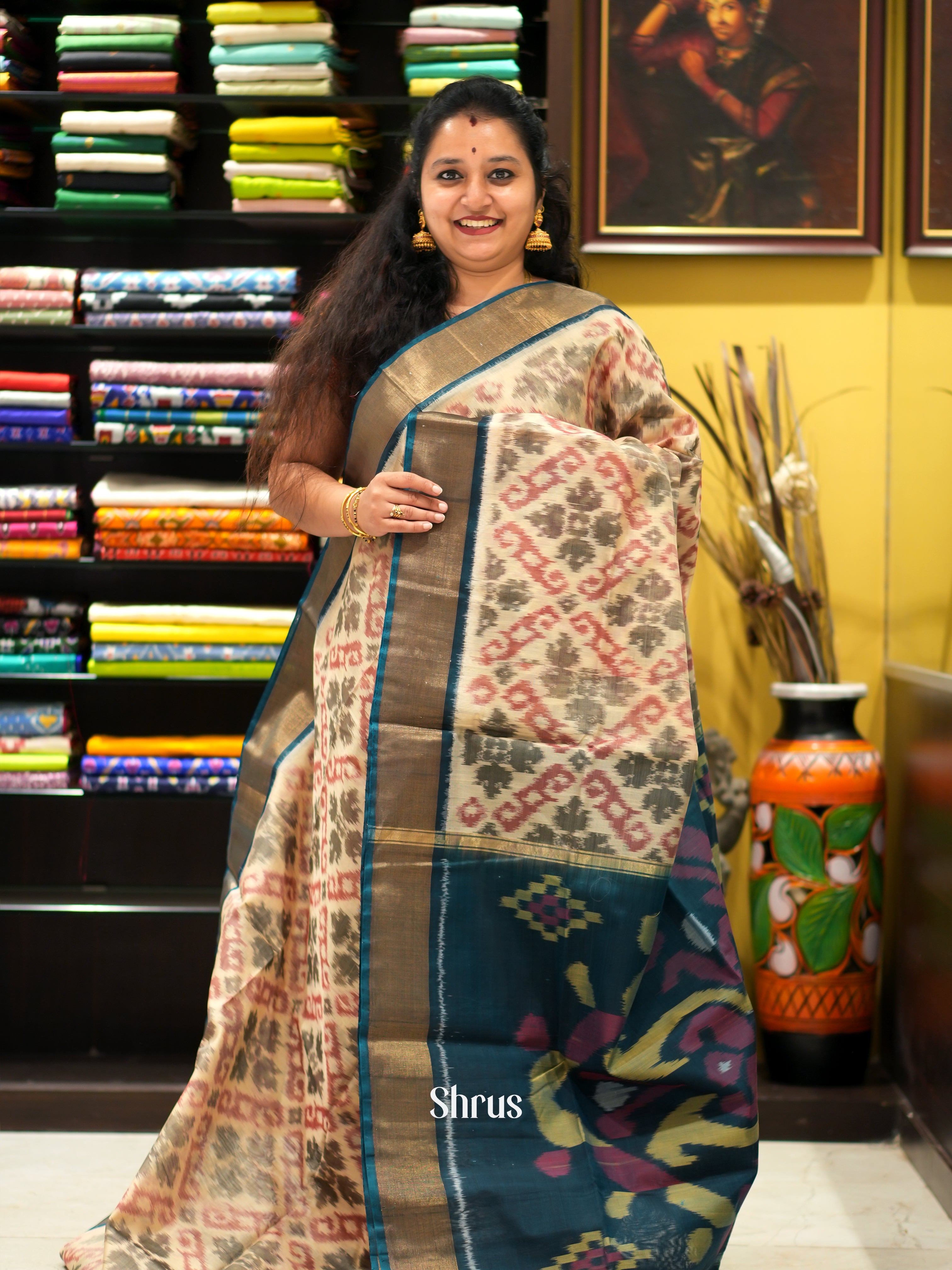 Cream &  Peacock Green - Pochampally sico saree