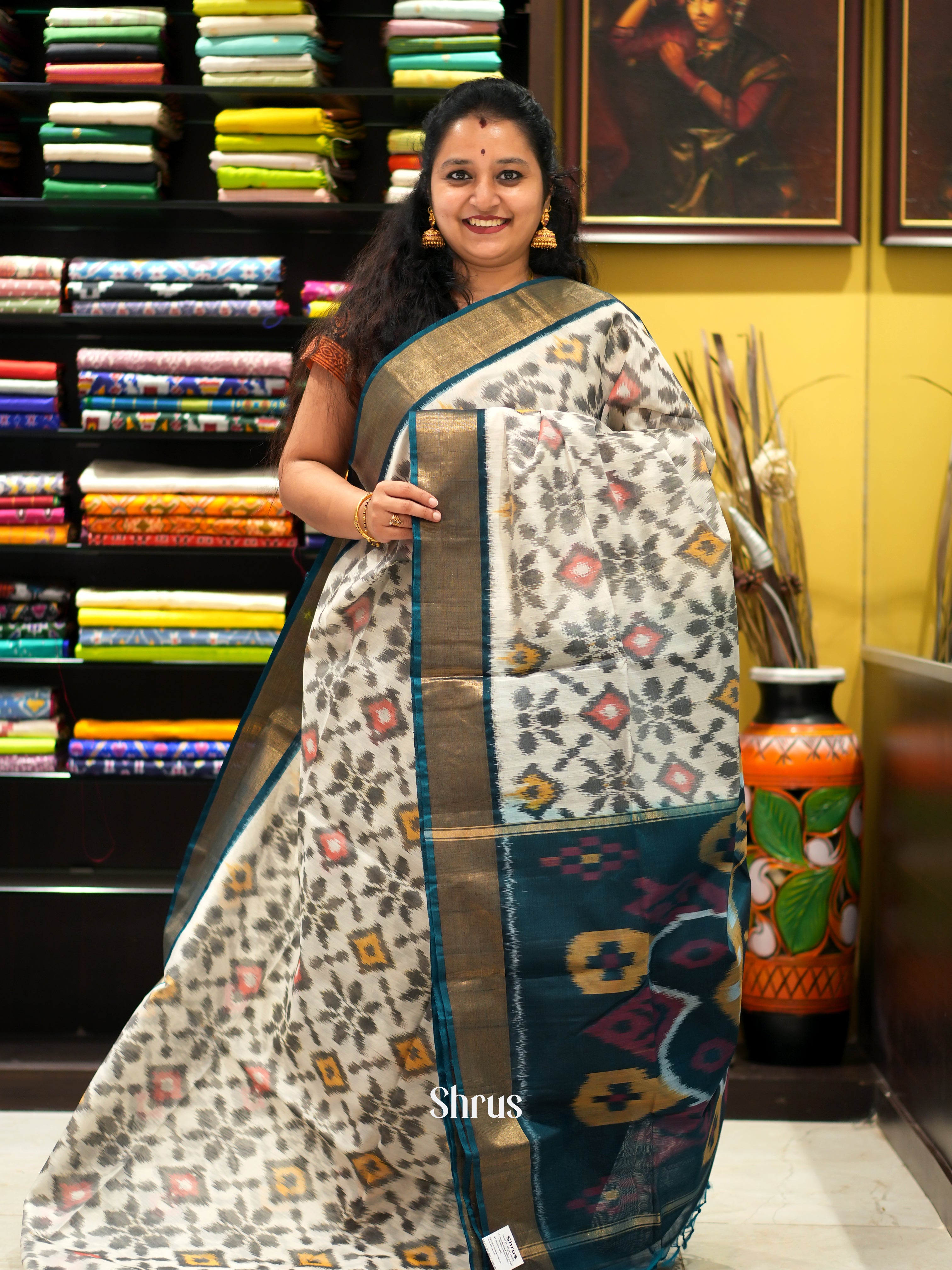 Cream  & Peacock Blue - Pochampally sico saree