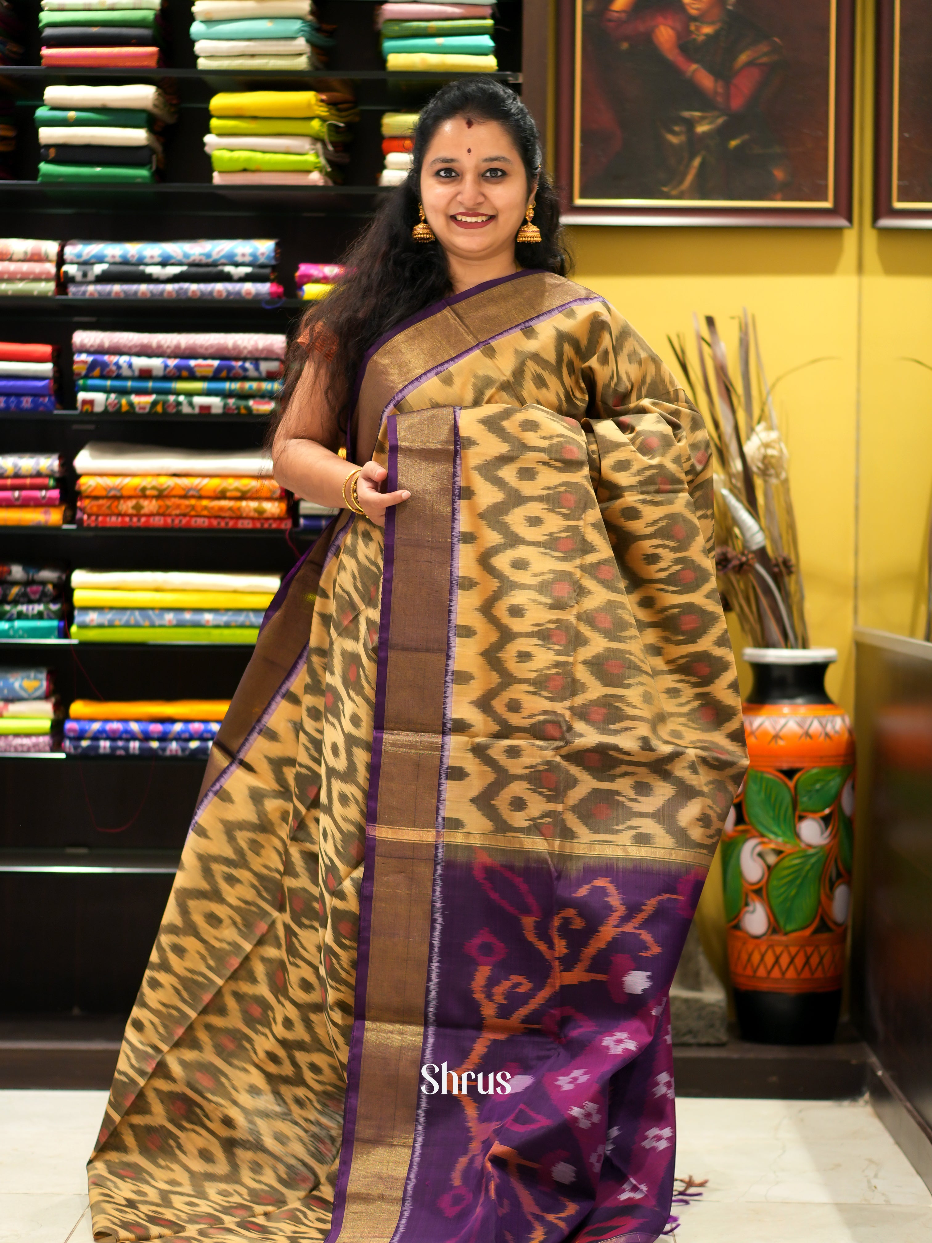 Beige & Purple - Pochampally sico saree