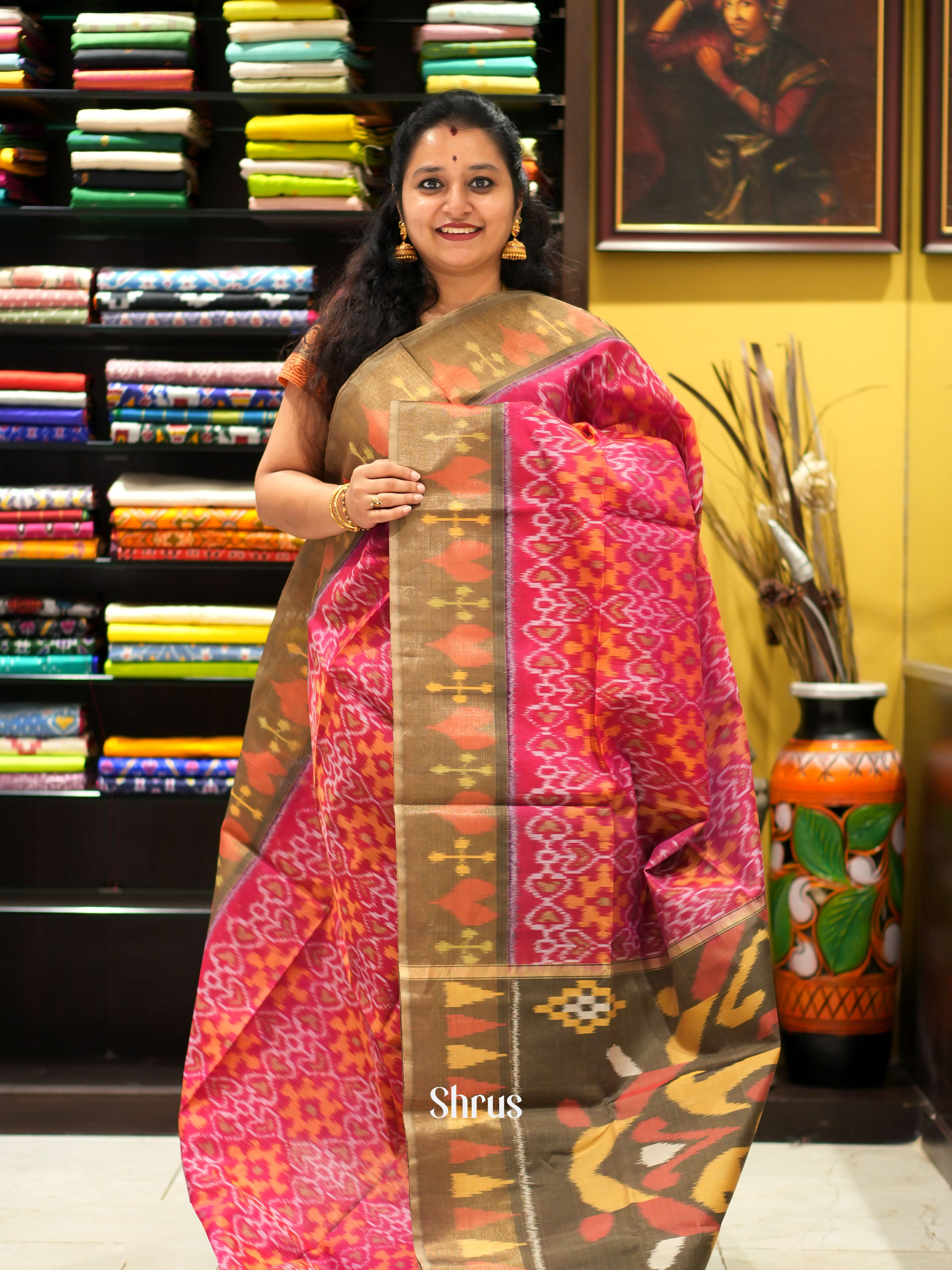 Pink & Grey - Pochampally sico saree - Shop on ShrusEternity.com