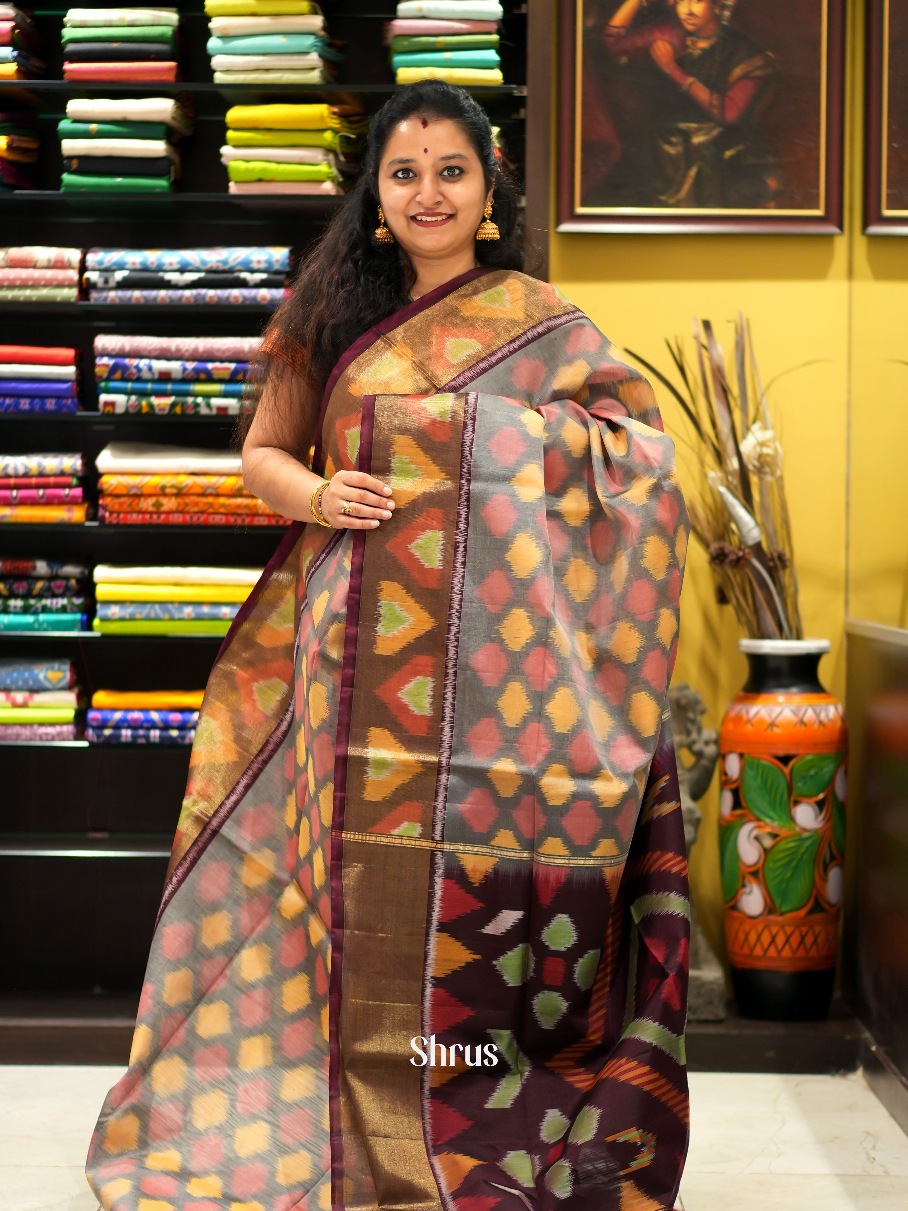 Grey & brown - Pochampally sico saree