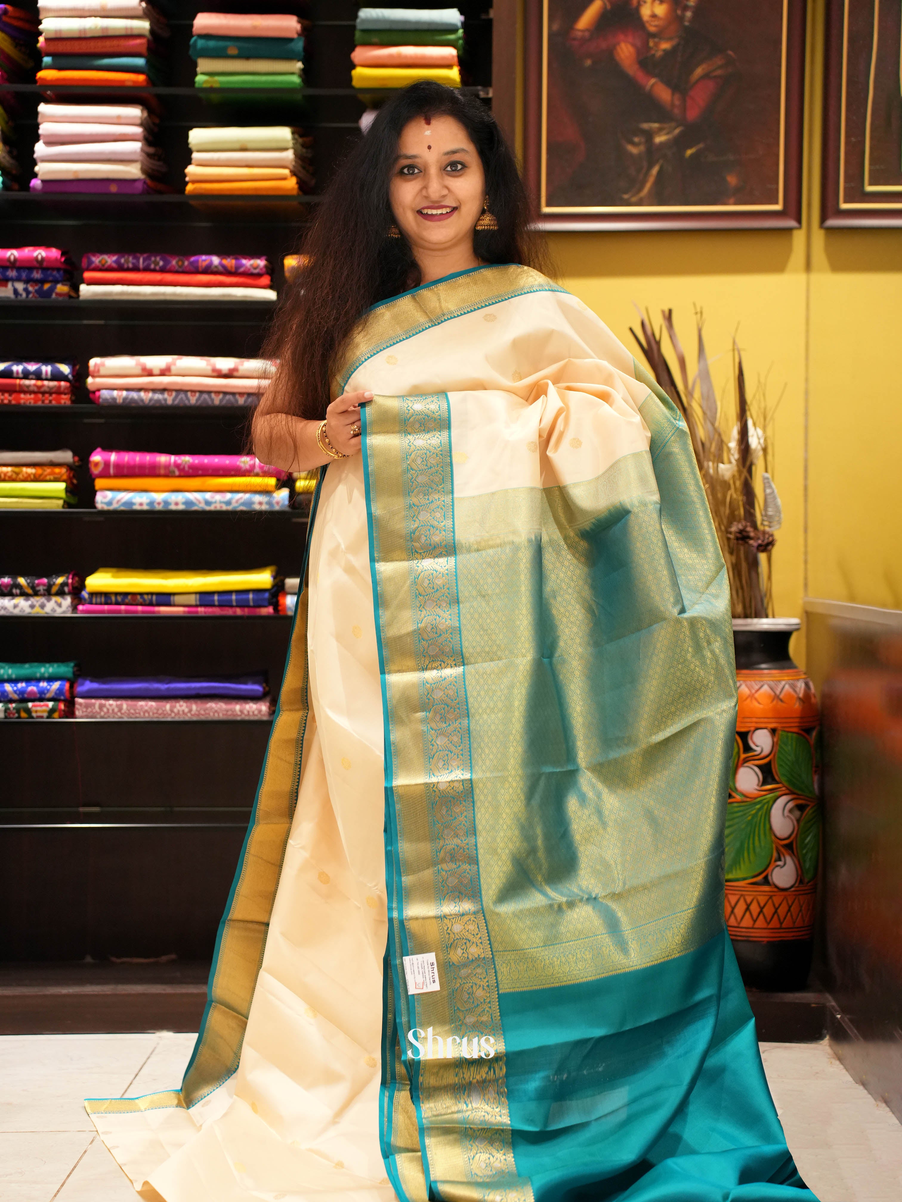 Cream & Teal - Kanchipuram silk Saree